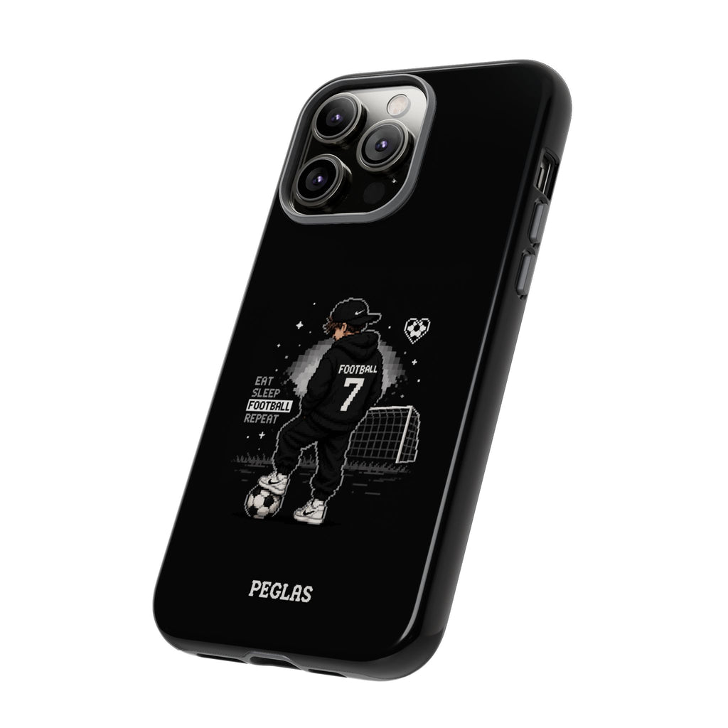 Football Player Phone Case - 'Eat Sleep Football Repeat' Black Tough Case, Soccer Goal Graphic