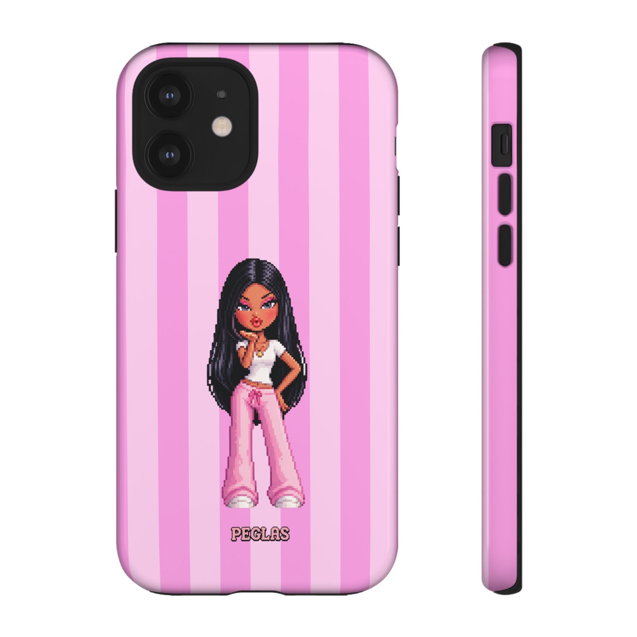 Pink Pixel Art Doll Phone Case — Y2K Baddie Girl Illustration