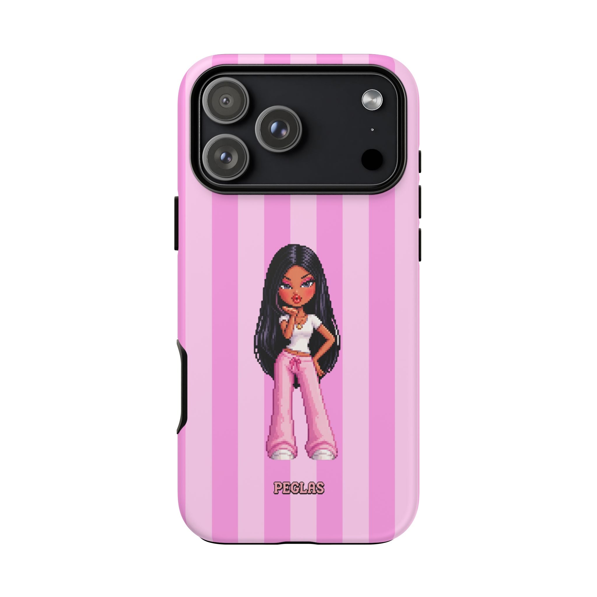 Pink Pixel Art Doll Phone Case — Y2K Baddie Girl Illustration