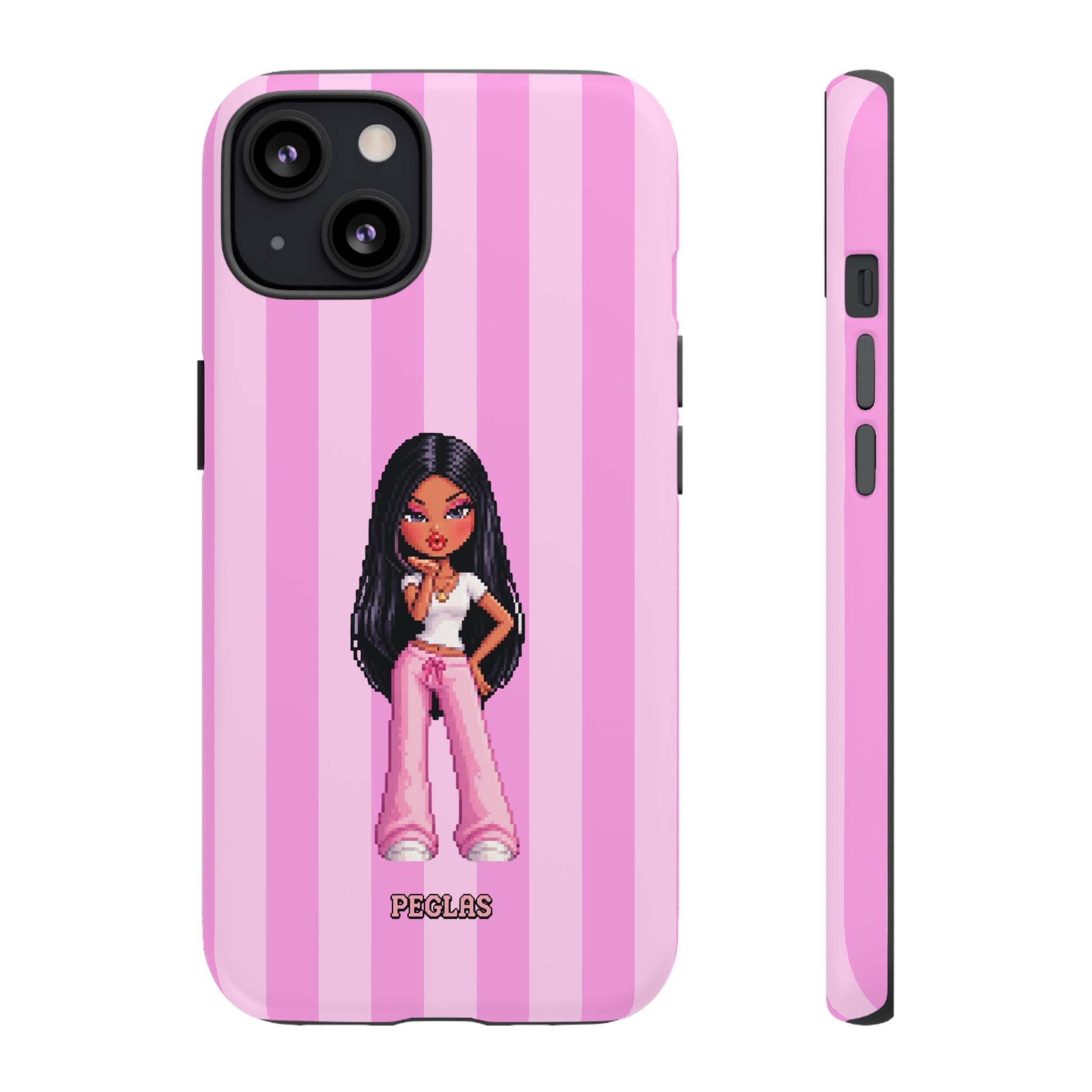 Pink Pixel Art Doll Phone Case — Y2K Baddie Girl Illustration