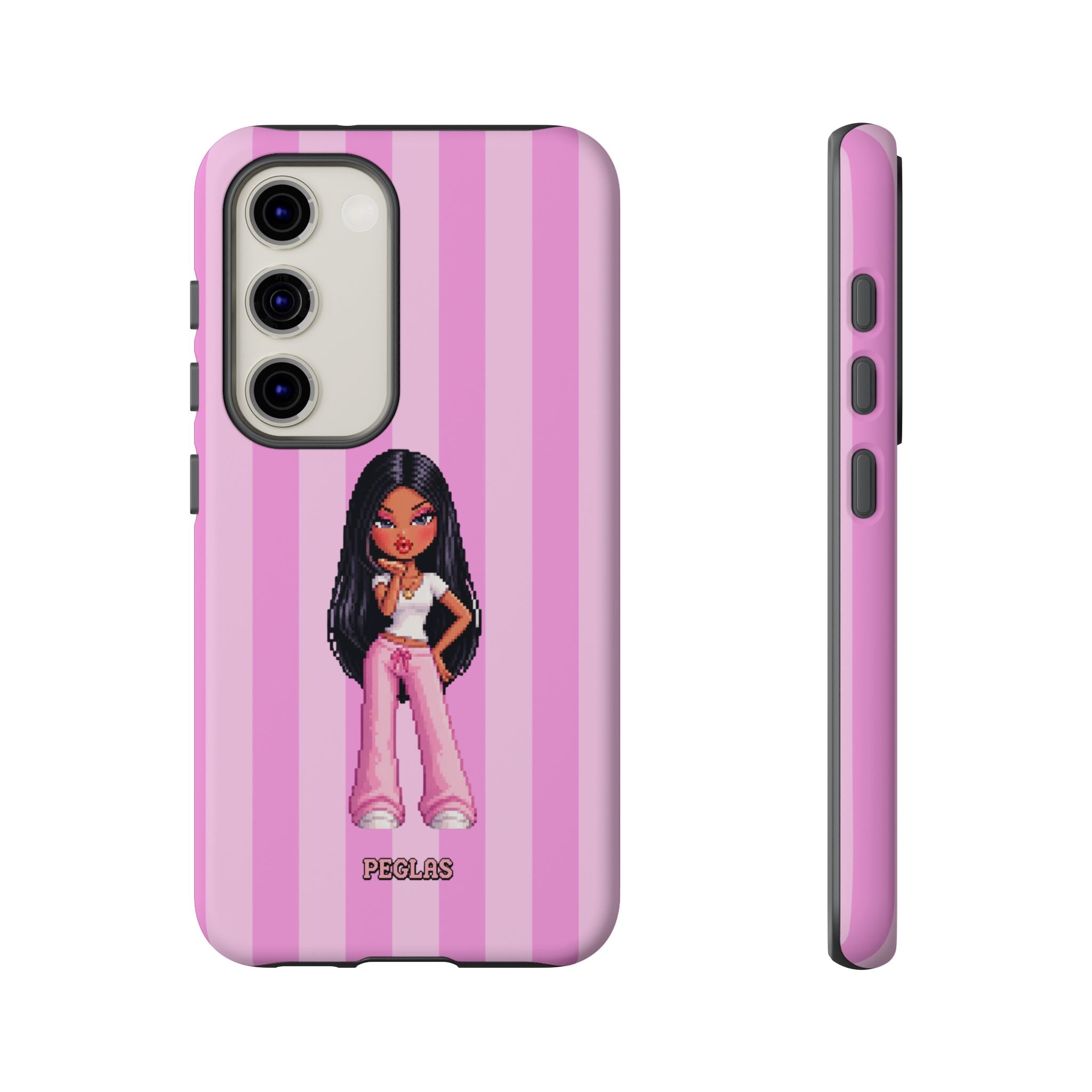 Pink Pixel Art Doll Phone Case — Y2K Baddie Girl Illustration