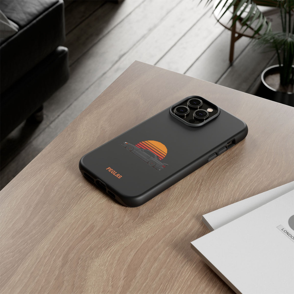 Vintage Black Sports Car Phone Case — Retro Sunset Design