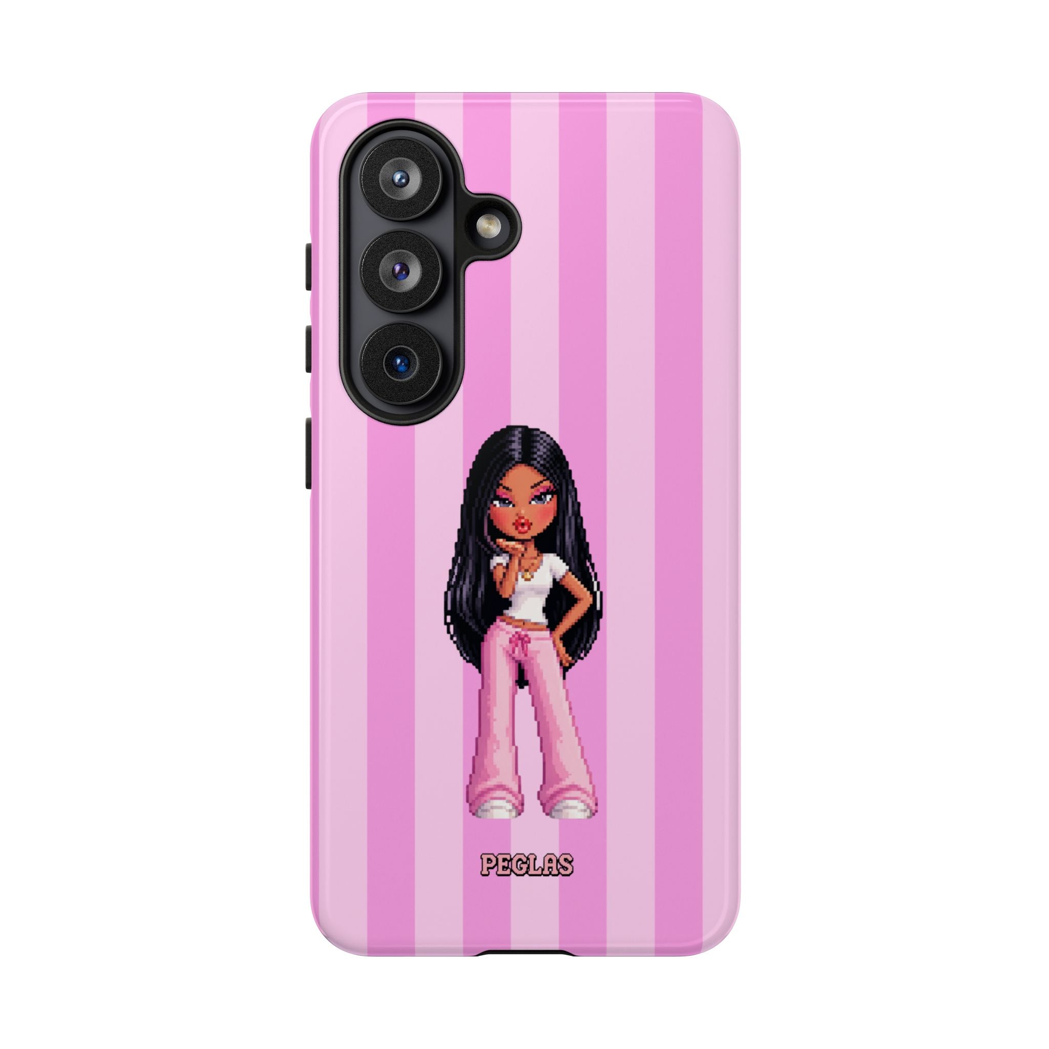 Pink Pixel Art Doll Phone Case — Y2K Baddie Girl Illustration