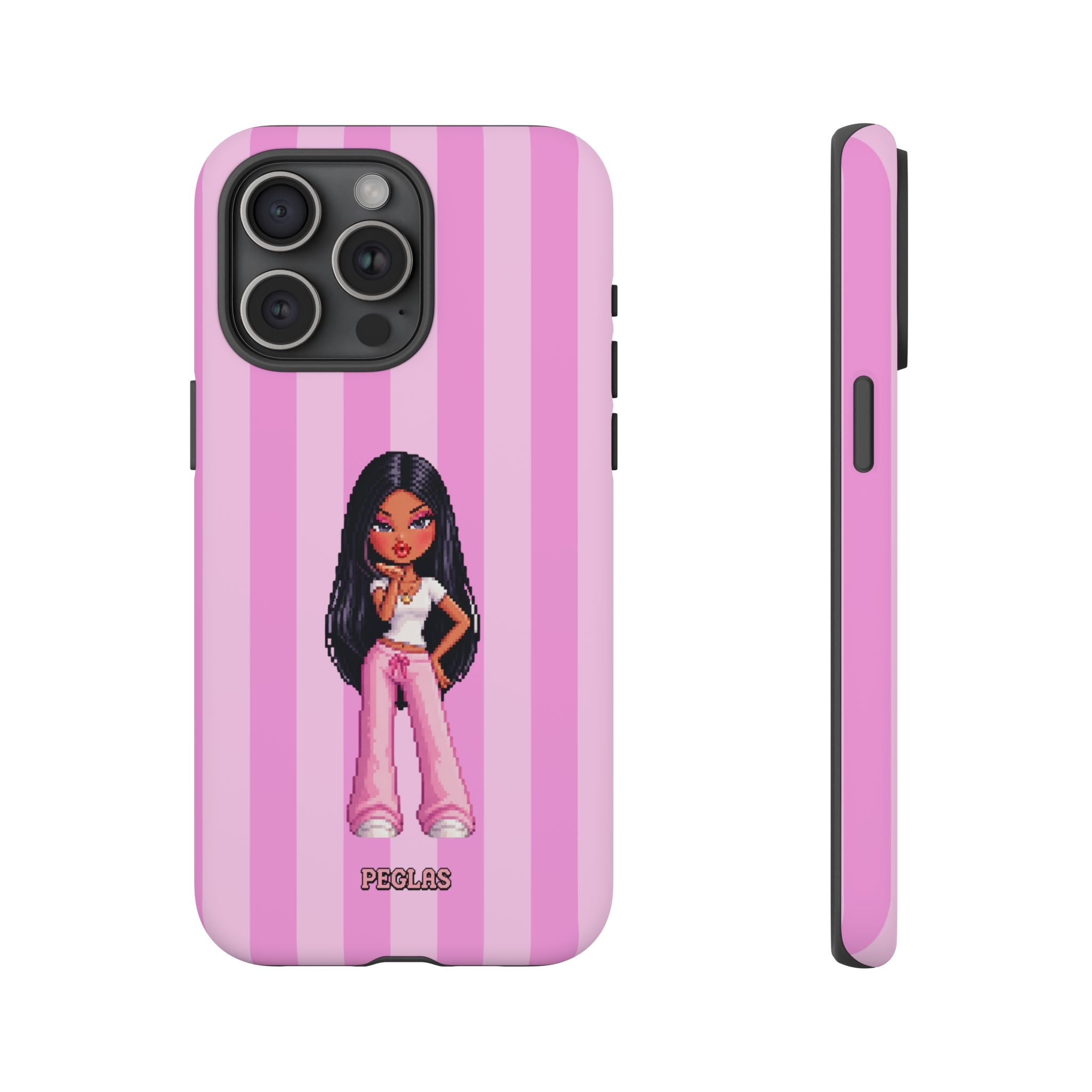 Pink Pixel Art Doll Phone Case — Y2K Baddie Girl Illustration