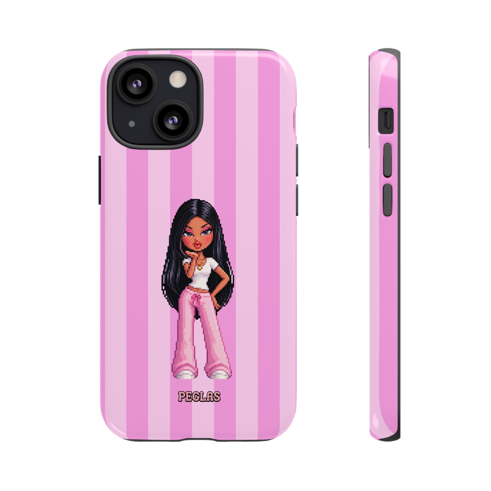 Pink Pixel Art Doll Phone Case — Y2K Baddie Girl Illustration