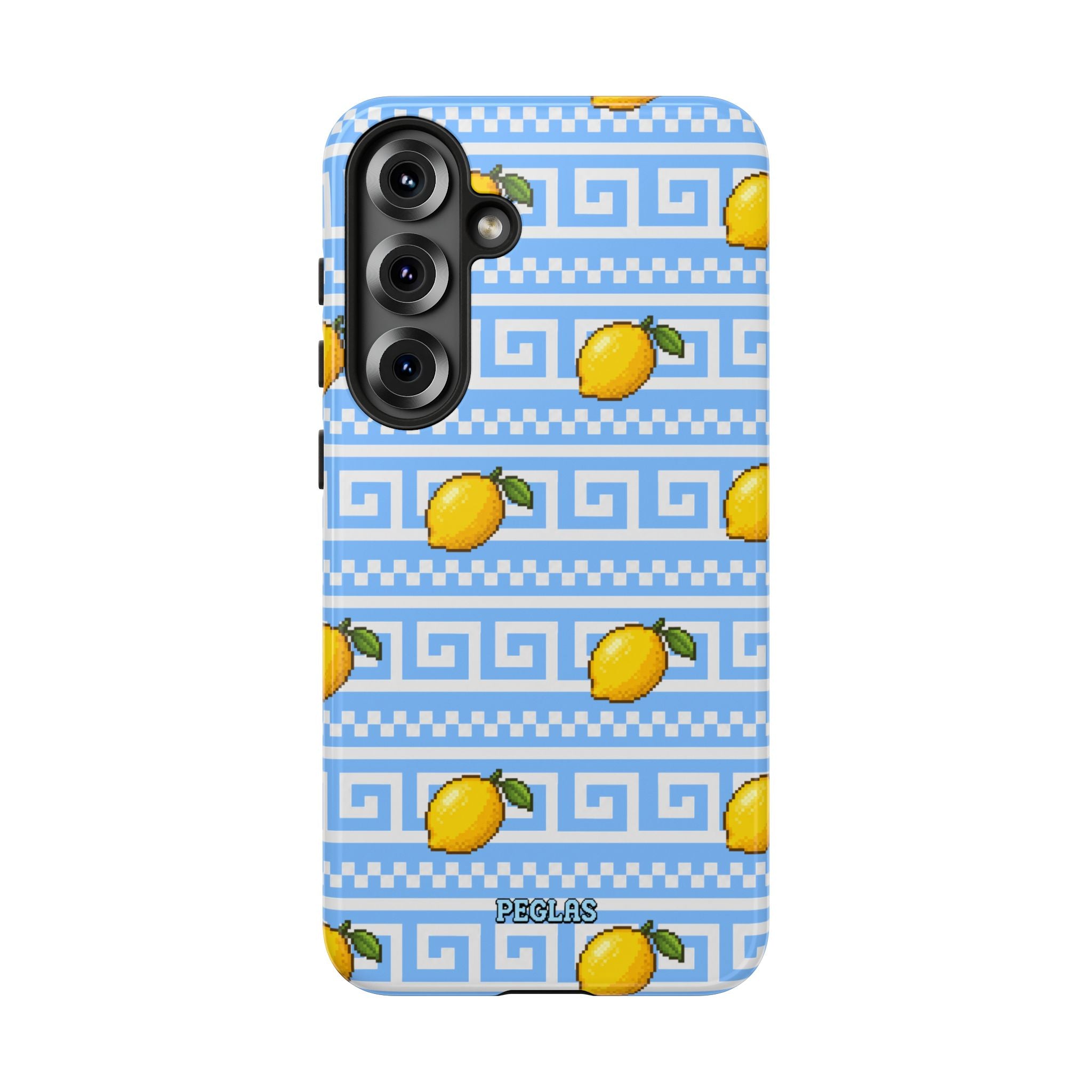 Lemon Greek Key Phone Case — Blue Citrus Pattern Tough Case