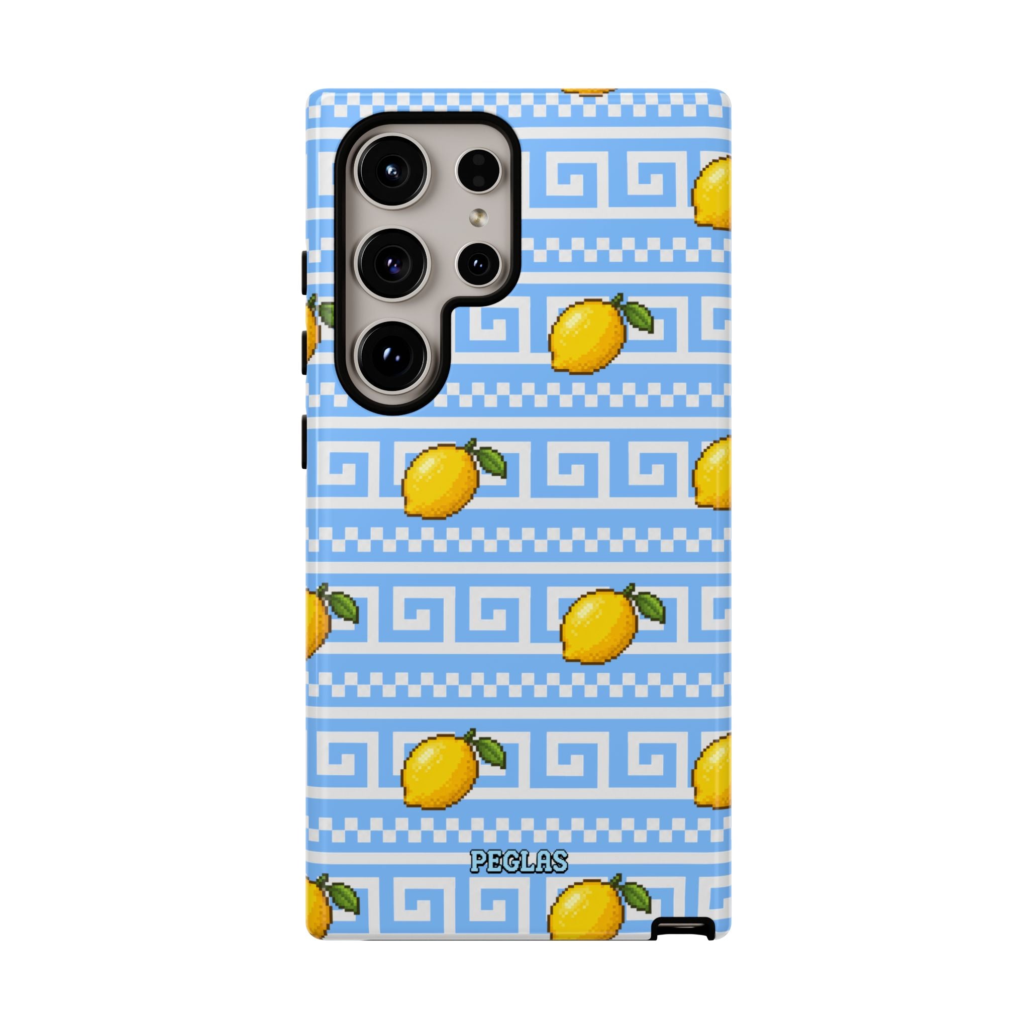 Lemon Greek Key Phone Case — Blue Citrus Pattern Tough Case