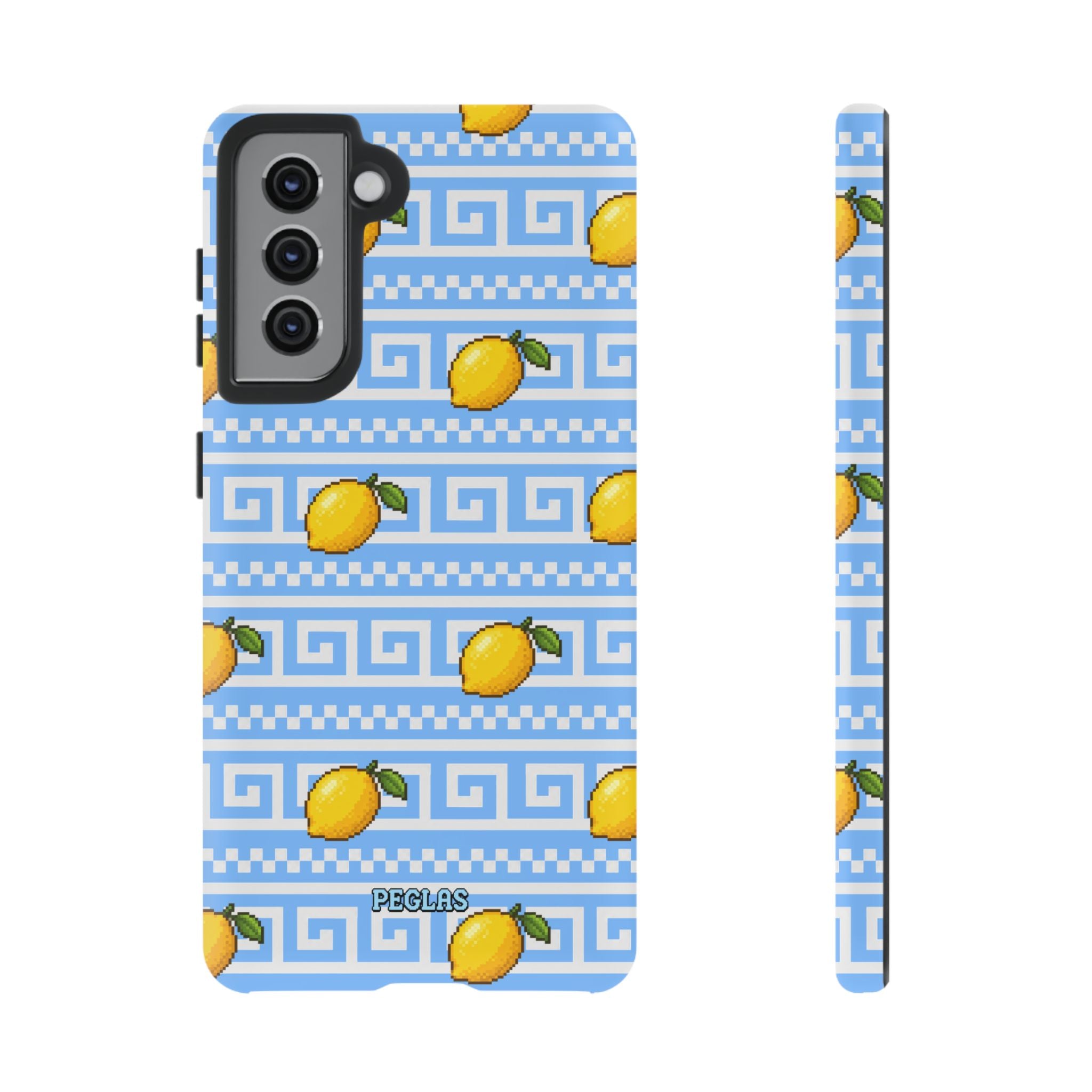 Lemon Greek Key Phone Case — Blue Citrus Pattern Tough Case