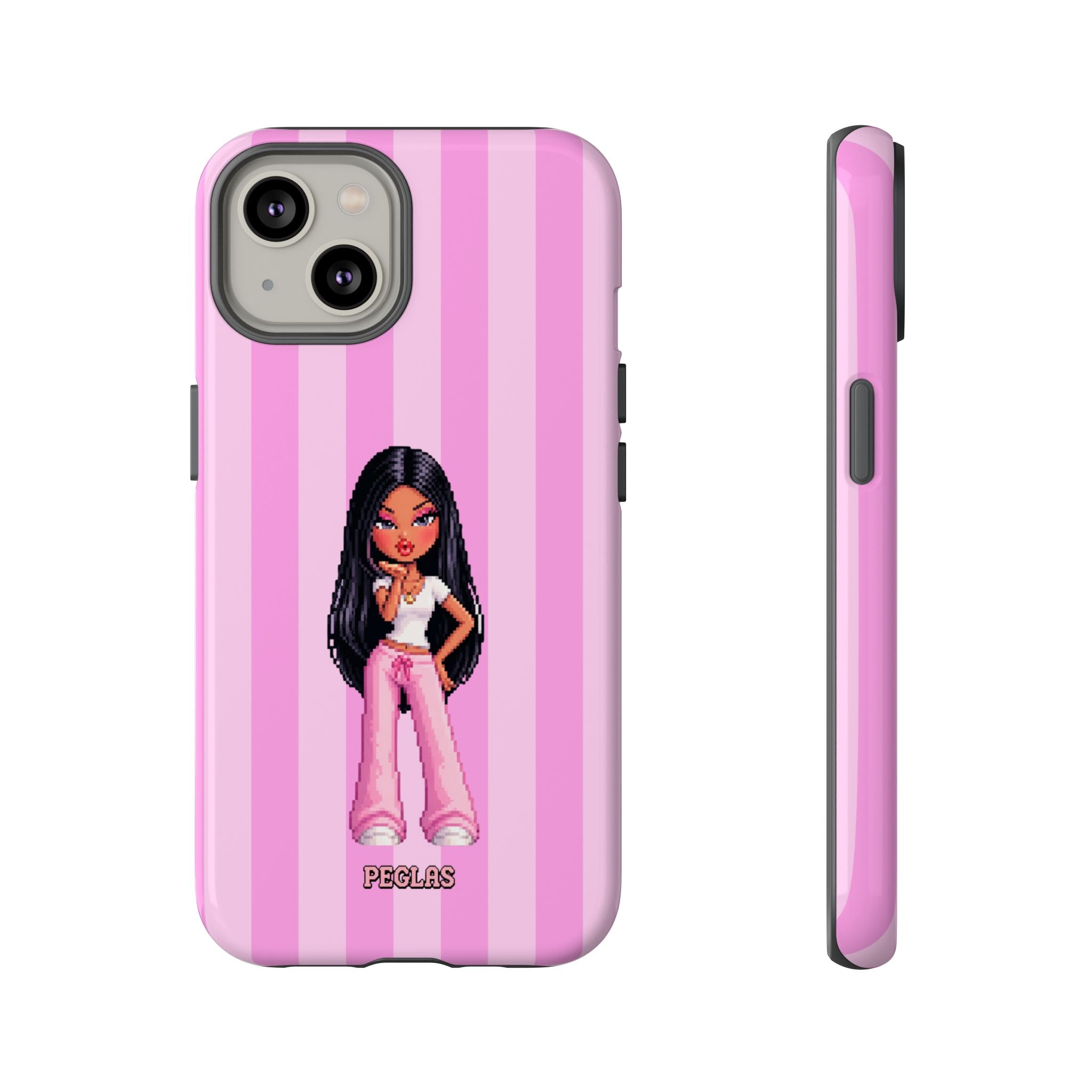 Pink Pixel Art Doll Phone Case — Y2K Baddie Girl Illustration