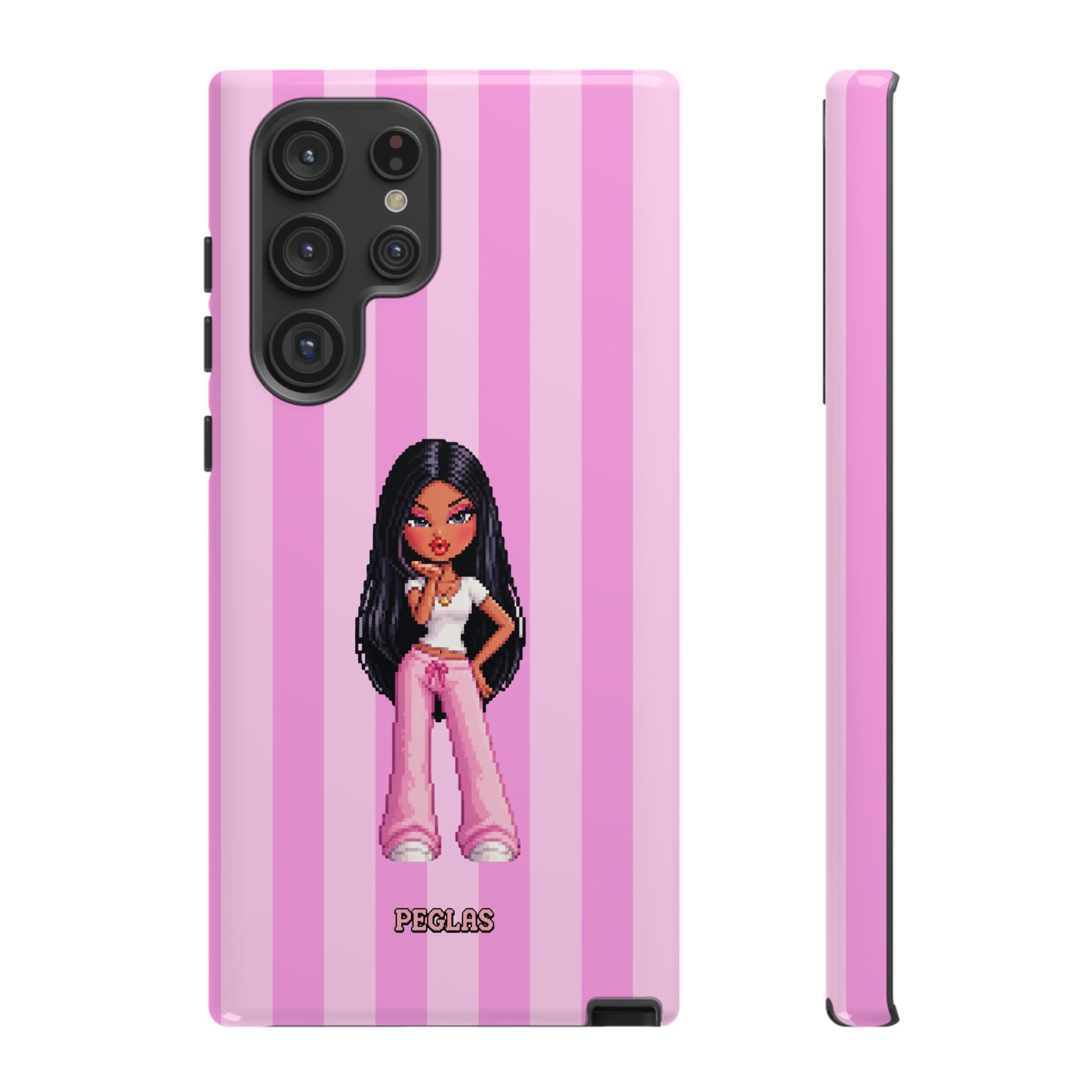 Pink Pixel Art Doll Phone Case — Y2K Baddie Girl Illustration