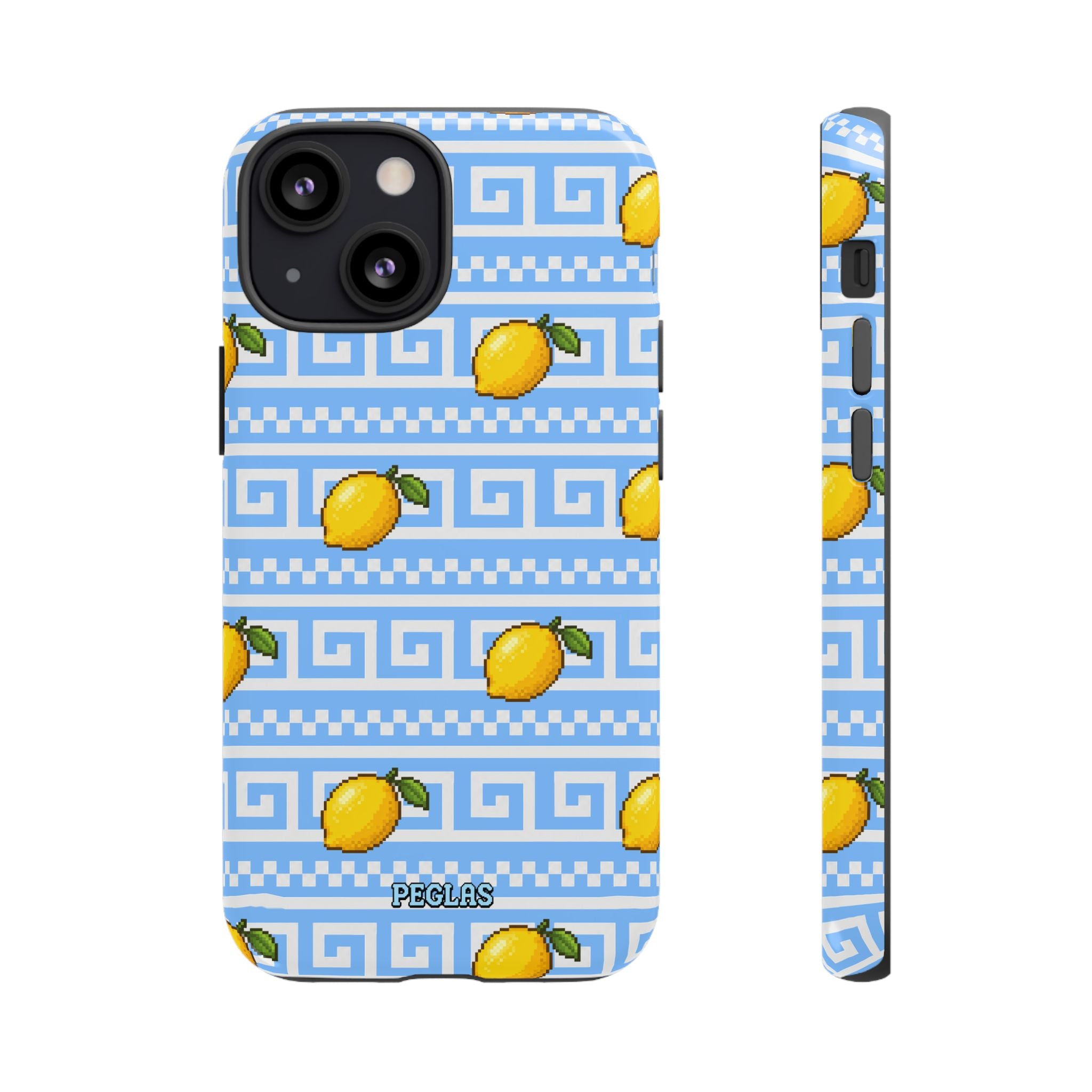 Lemon Greek Key Phone Case — Blue Citrus Pattern Tough Case