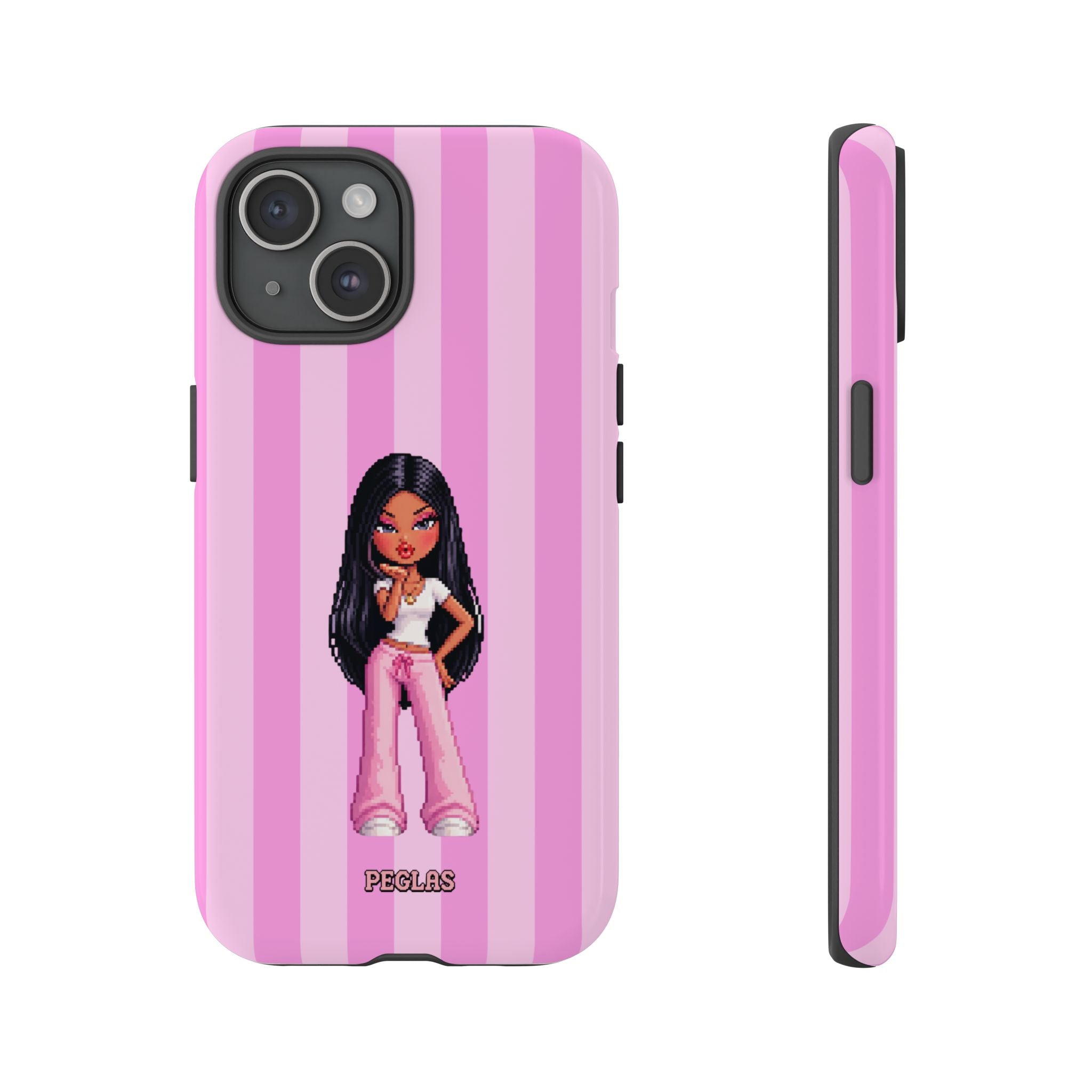 Pink Pixel Art Doll Phone Case — Y2K Baddie Girl Illustration