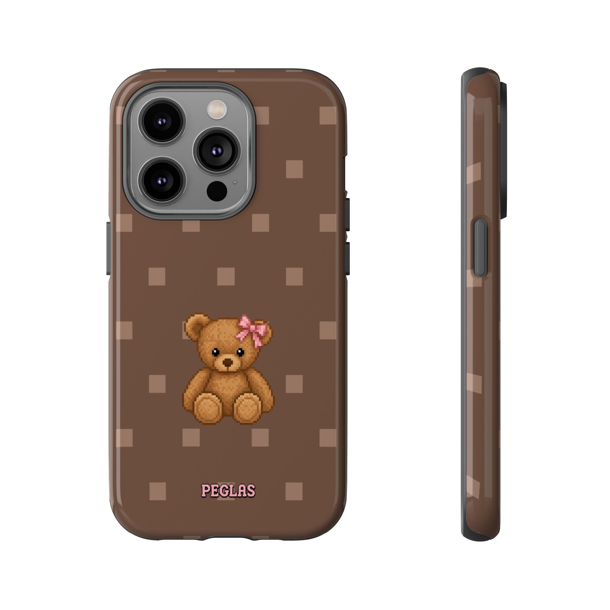 Teddy Bear Tough Phone Case — Cute Brown Polka Dot Protective Cover