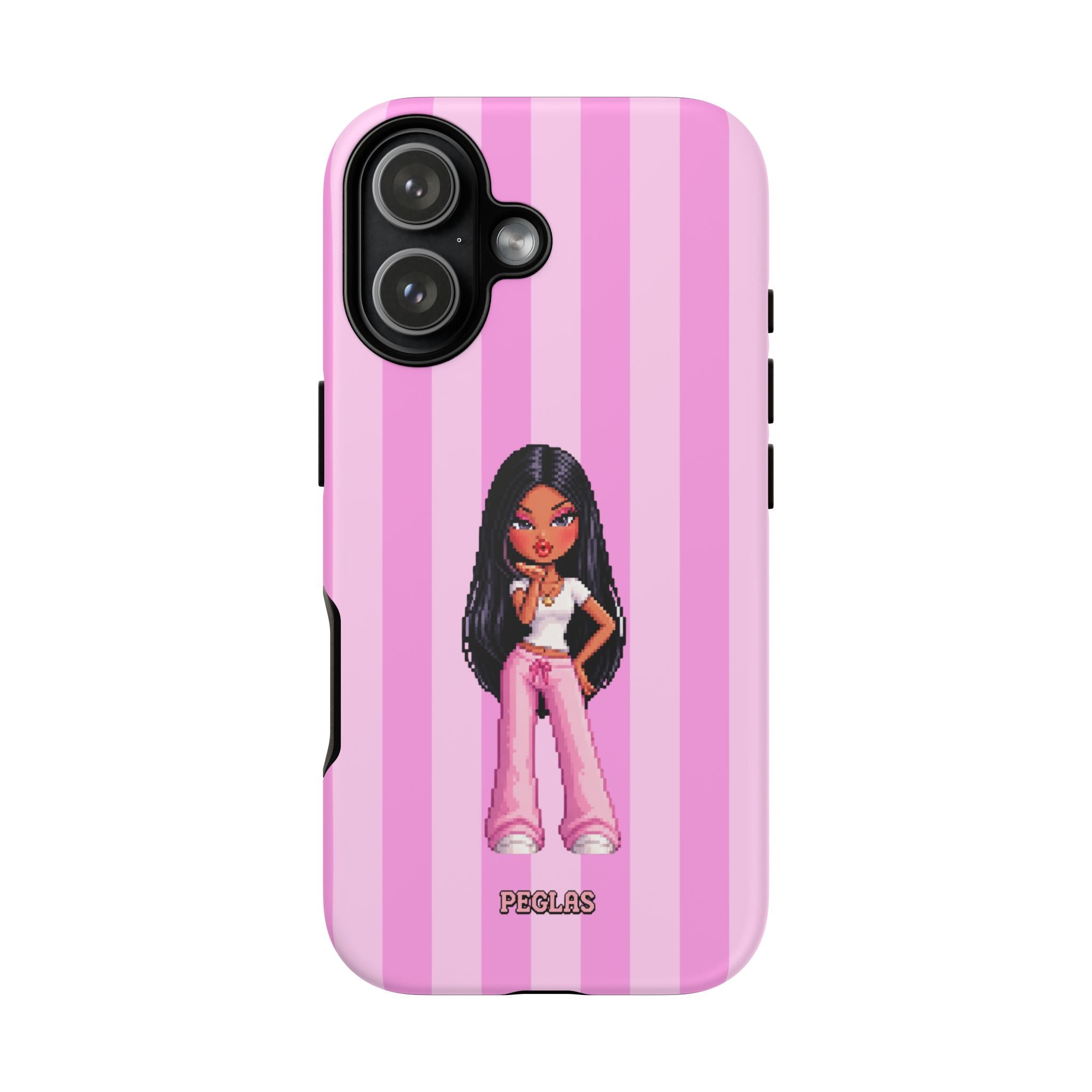 Pink Pixel Art Doll Phone Case — Y2K Baddie Girl Illustration