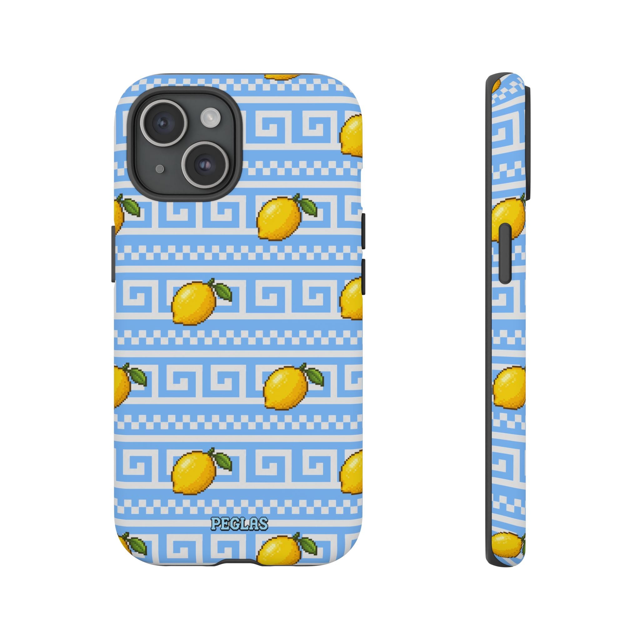 Lemon Greek Key Phone Case — Blue Citrus Pattern Tough Case