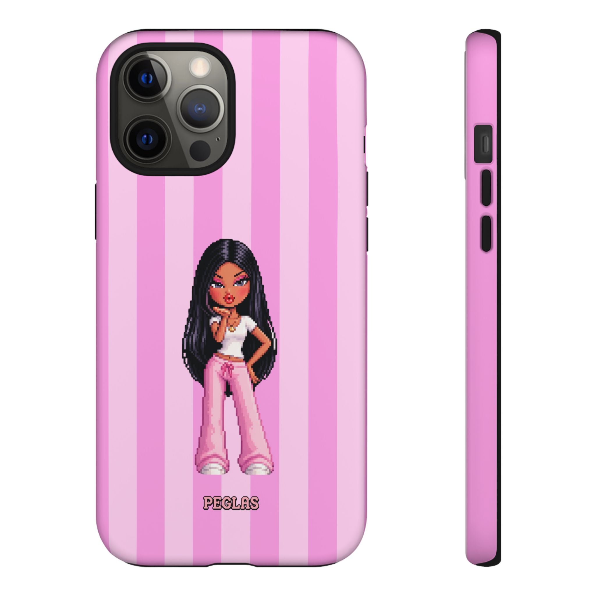 Pink Pixel Art Doll Phone Case — Y2K Baddie Girl Illustration