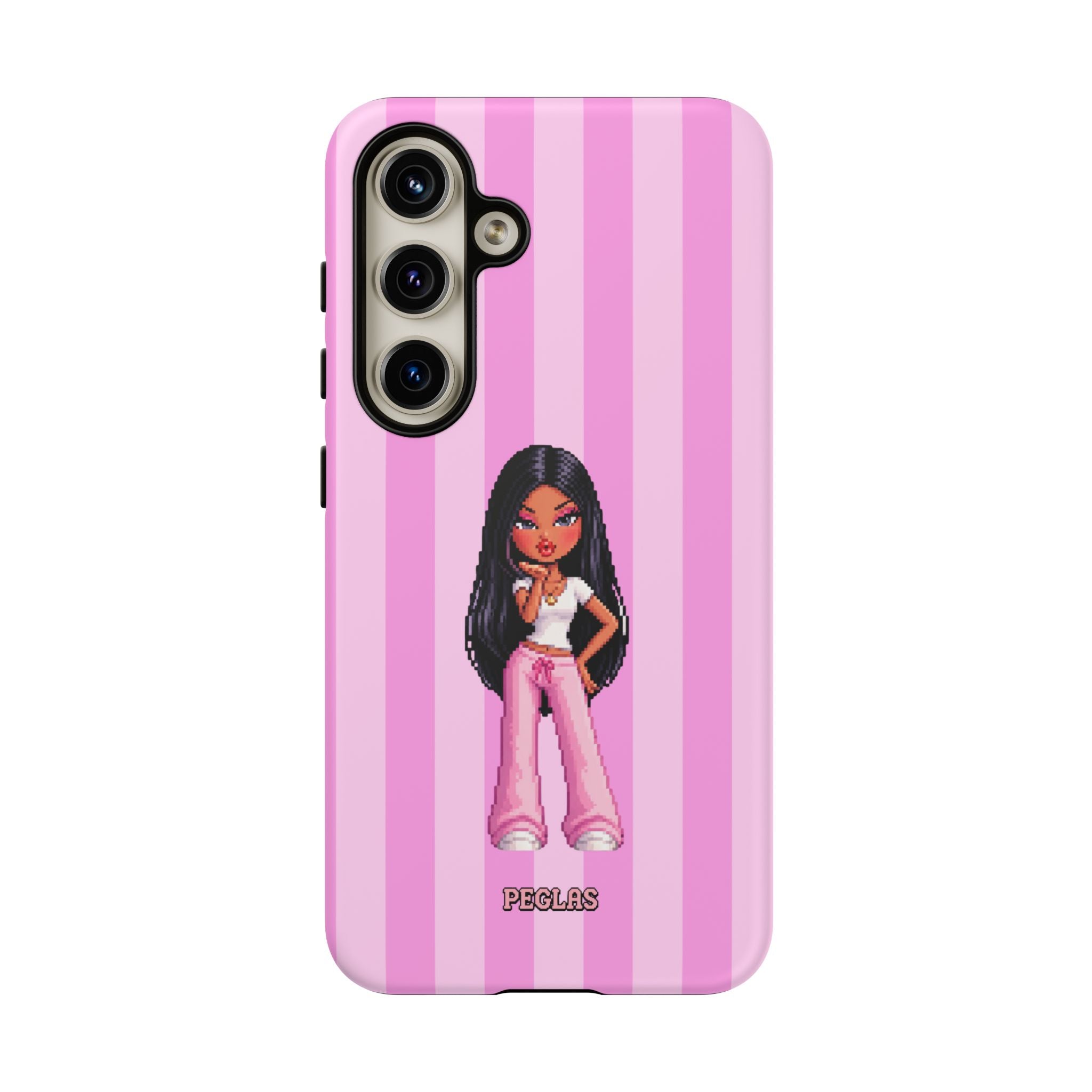 Pink Pixel Art Doll Phone Case — Y2K Baddie Girl Illustration