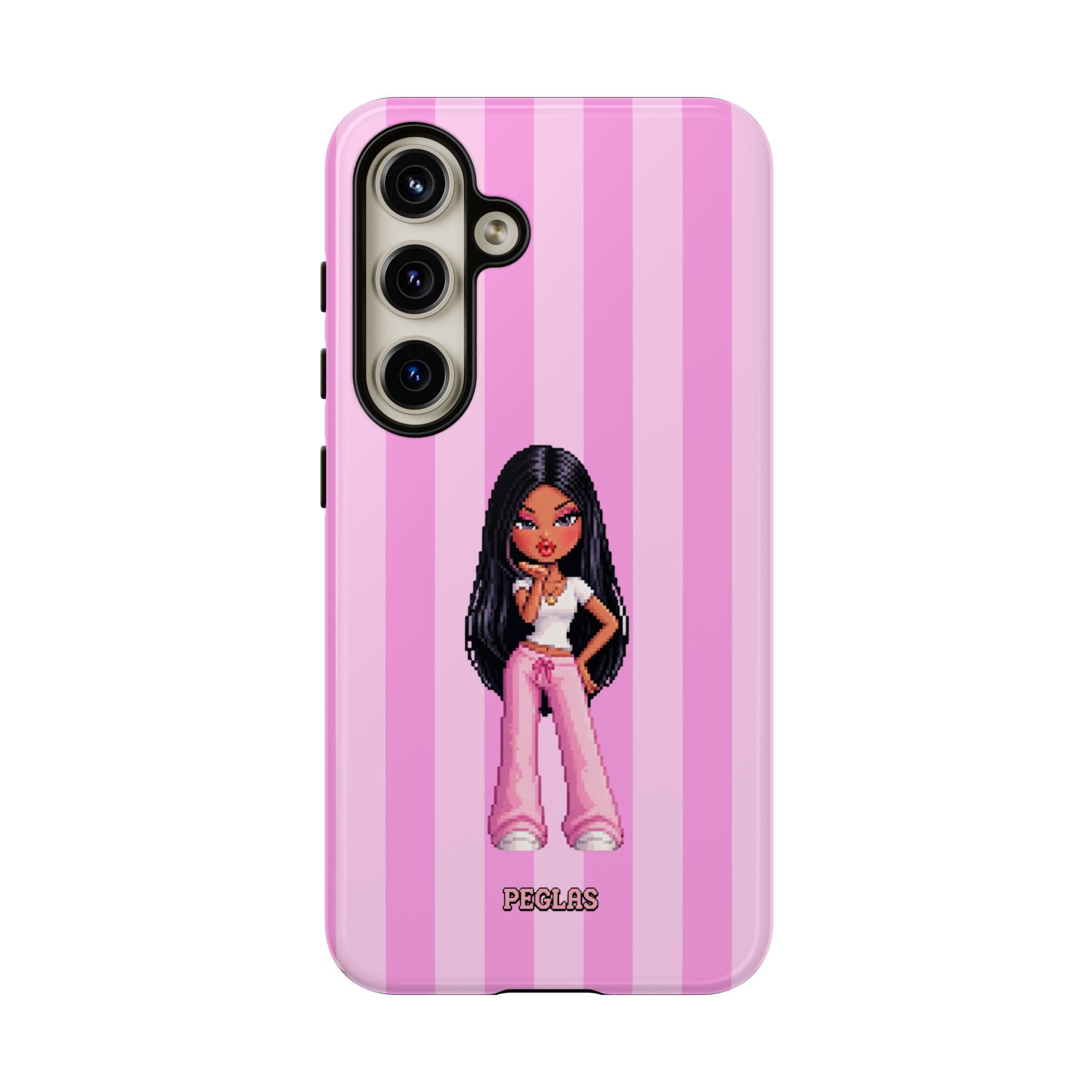 Pink Pixel Art Doll Phone Case — Y2K Baddie Girl Illustration