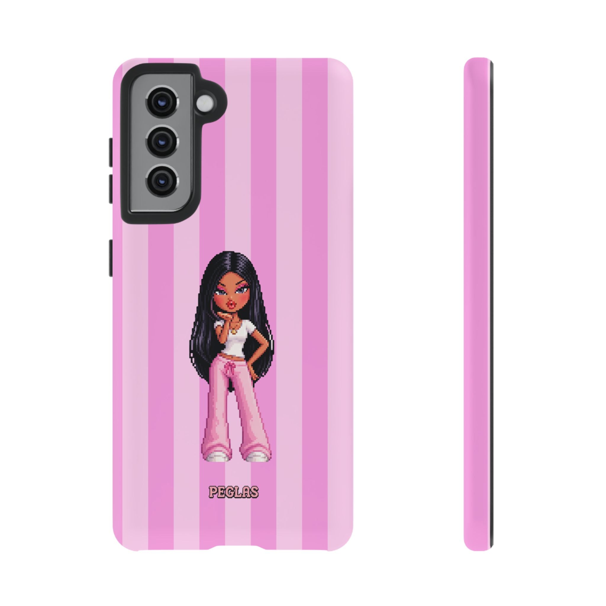Pink Pixel Art Doll Phone Case — Y2K Baddie Girl Illustration