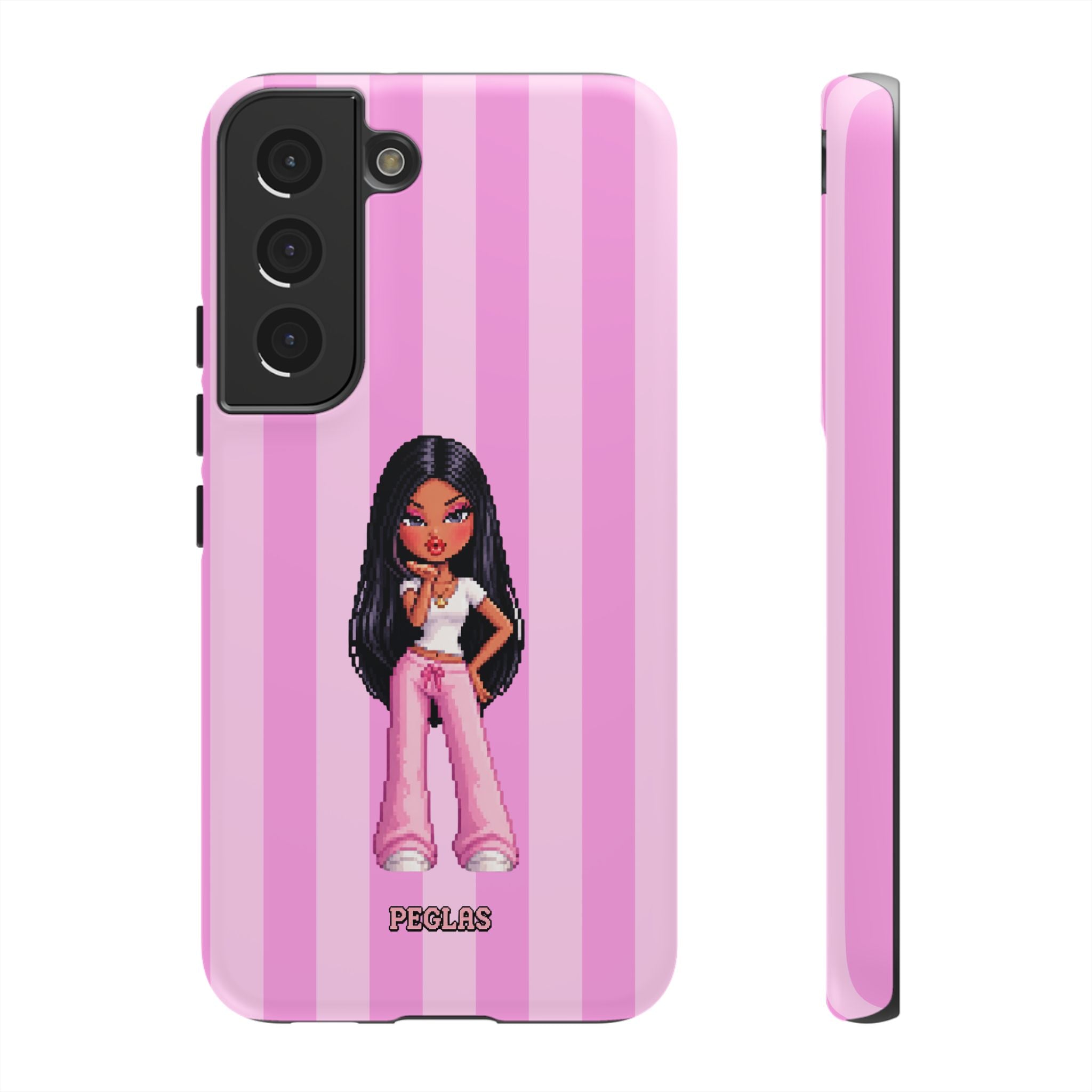Pink Pixel Art Doll Phone Case — Y2K Baddie Girl Illustration