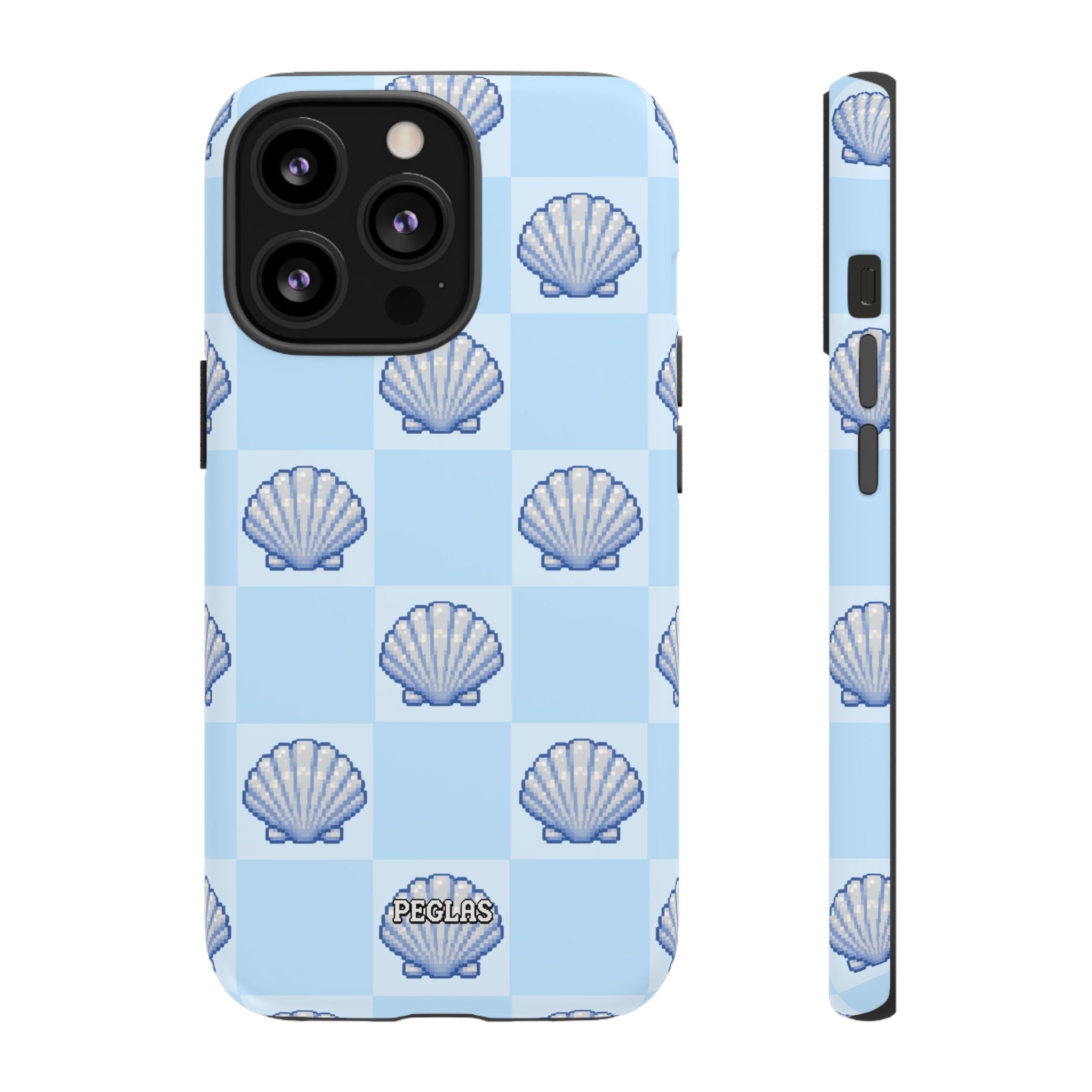 Shell Checkerboard Tough Phone Case — Light Blue Seashell Protective Cover