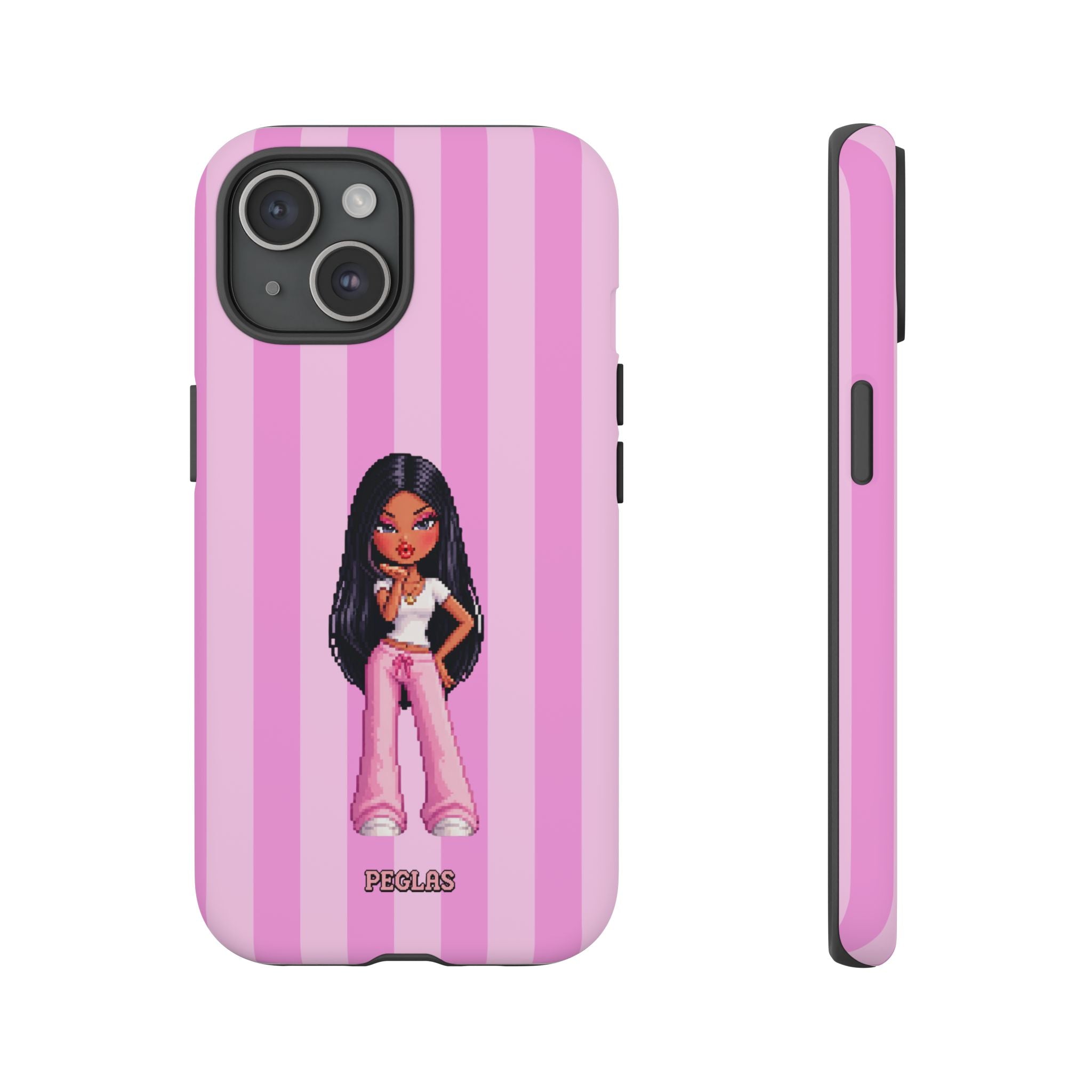 Pink Pixel Art Doll Phone Case — Y2K Baddie Girl Illustration