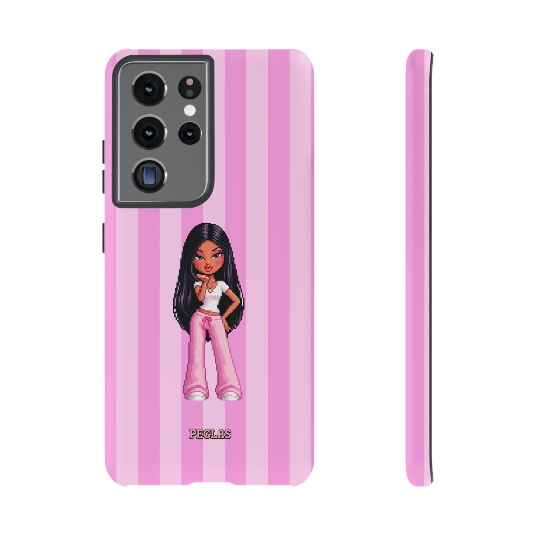 Pink Pixel Art Doll Phone Case — Y2K Baddie Girl Illustration