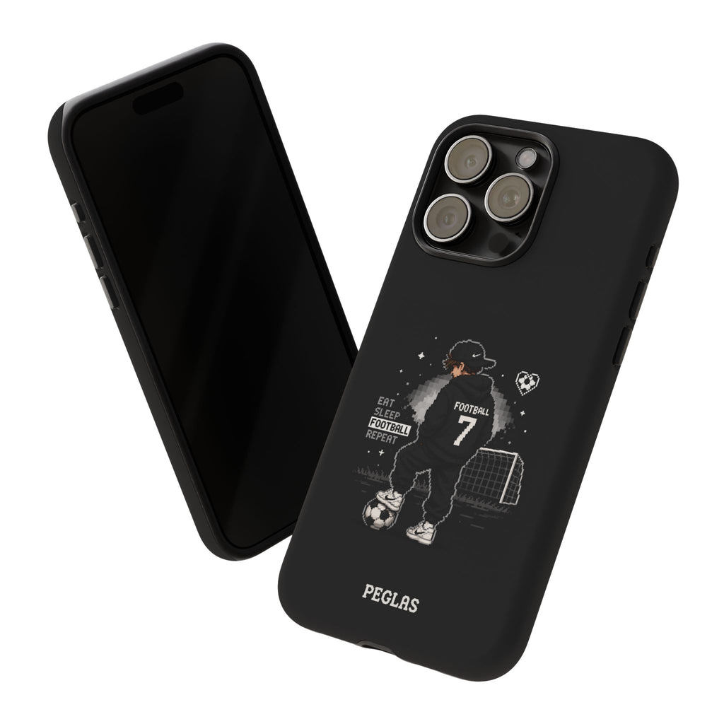 Football Player Phone Case - 'Eat Sleep Football Repeat' Black Tough Case, Soccer Goal Graphic