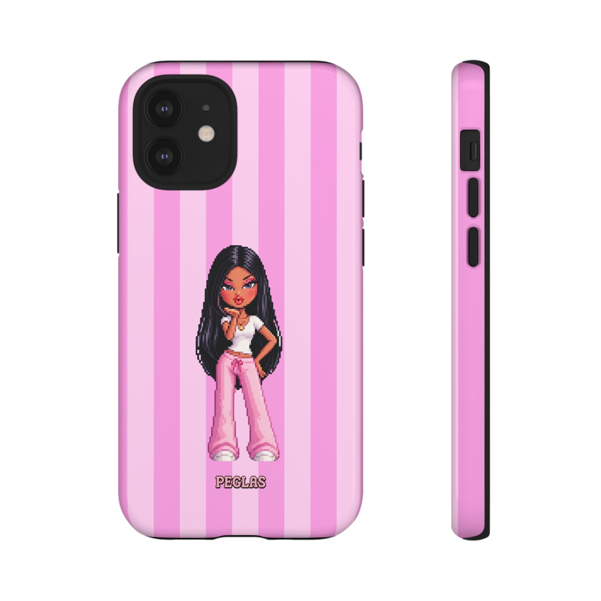 Pink Pixel Art Doll Phone Case — Y2K Baddie Girl Illustration