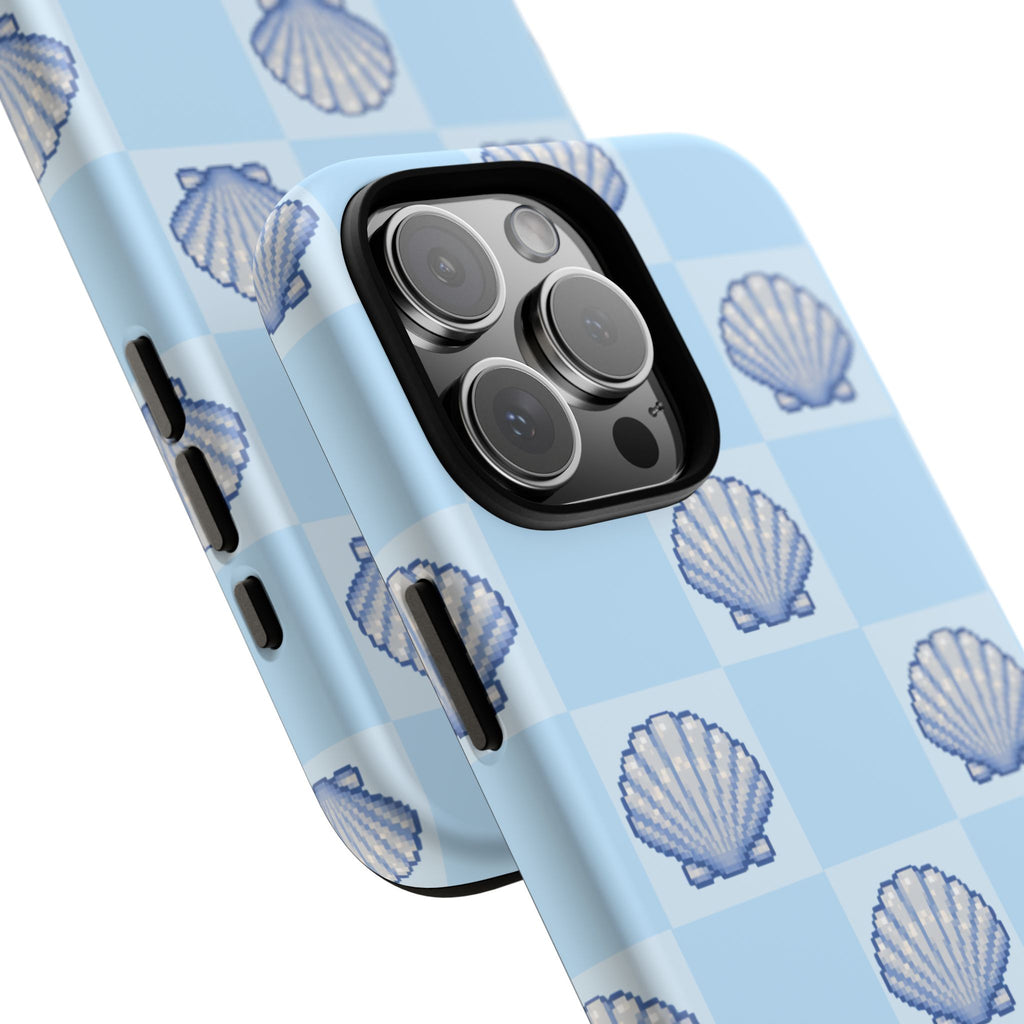 Shell Checkerboard Tough Phone Case — Light Blue Seashell Protective Cover