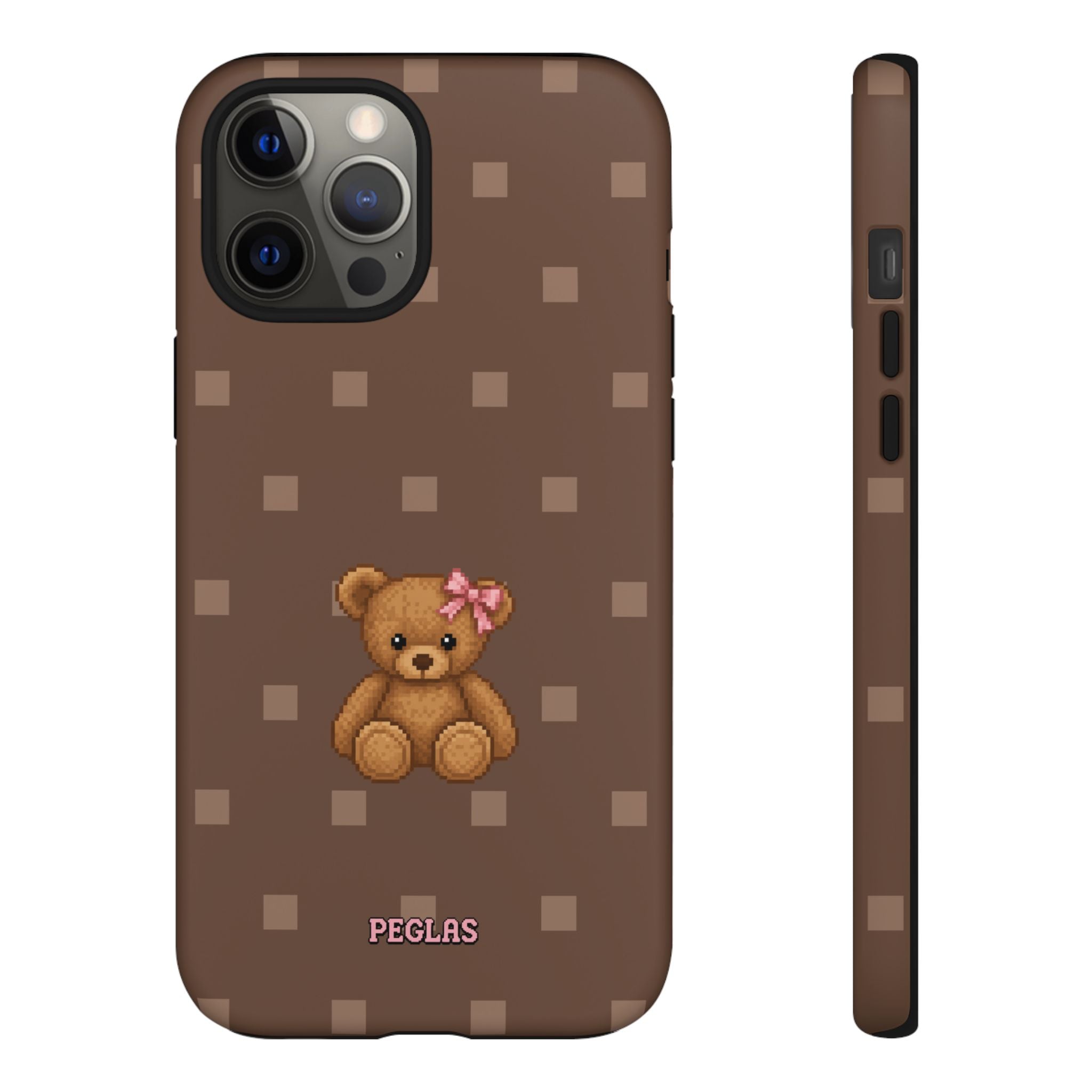 Teddy Bear Tough Phone Case — Cute Brown Polka Dot Protective Cover