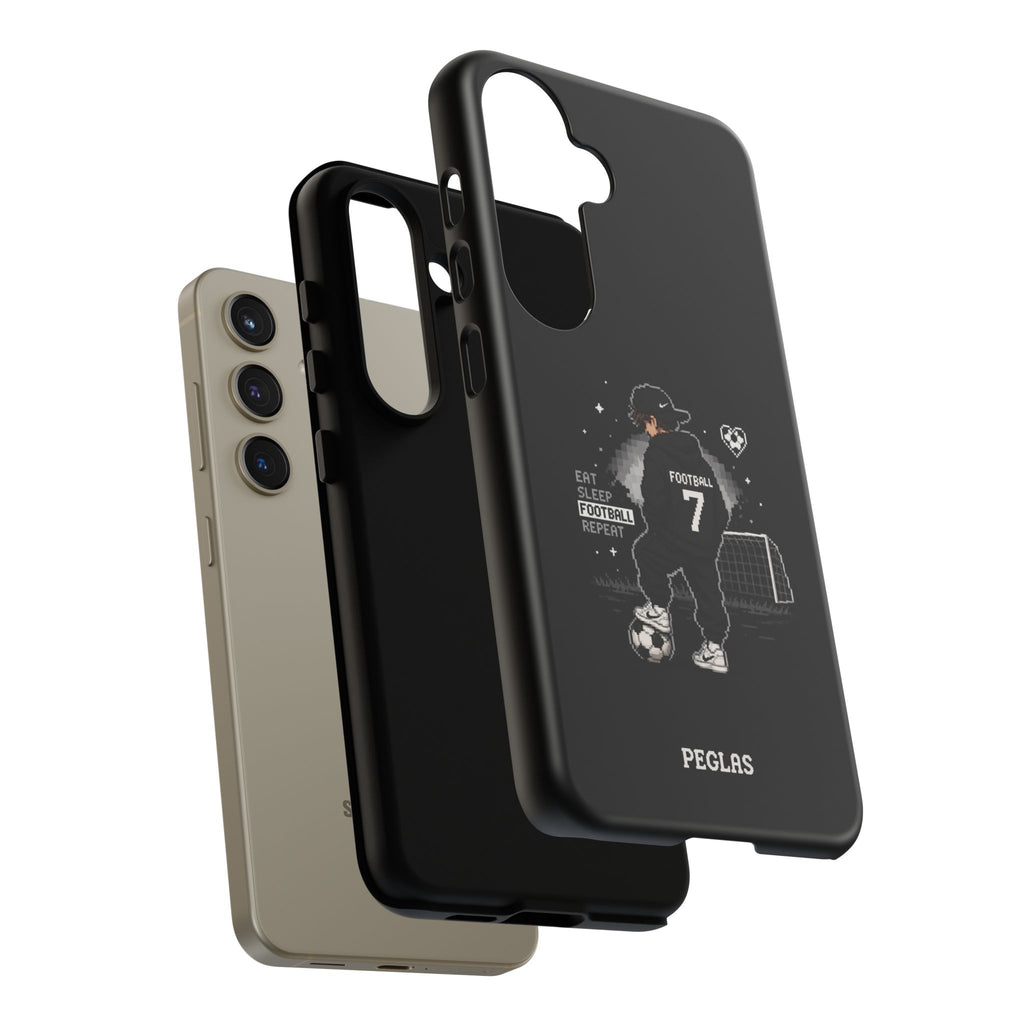 Football Player Phone Case - 'Eat Sleep Football Repeat' Black Tough Case, Soccer Goal Graphic