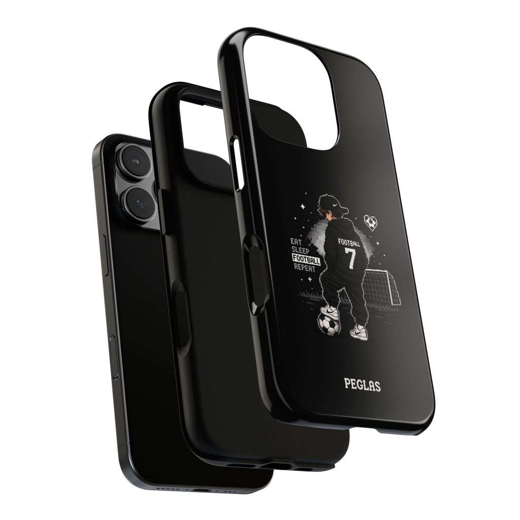 Football Player Phone Case - 'Eat Sleep Football Repeat' Black Tough Case, Soccer Goal Graphic