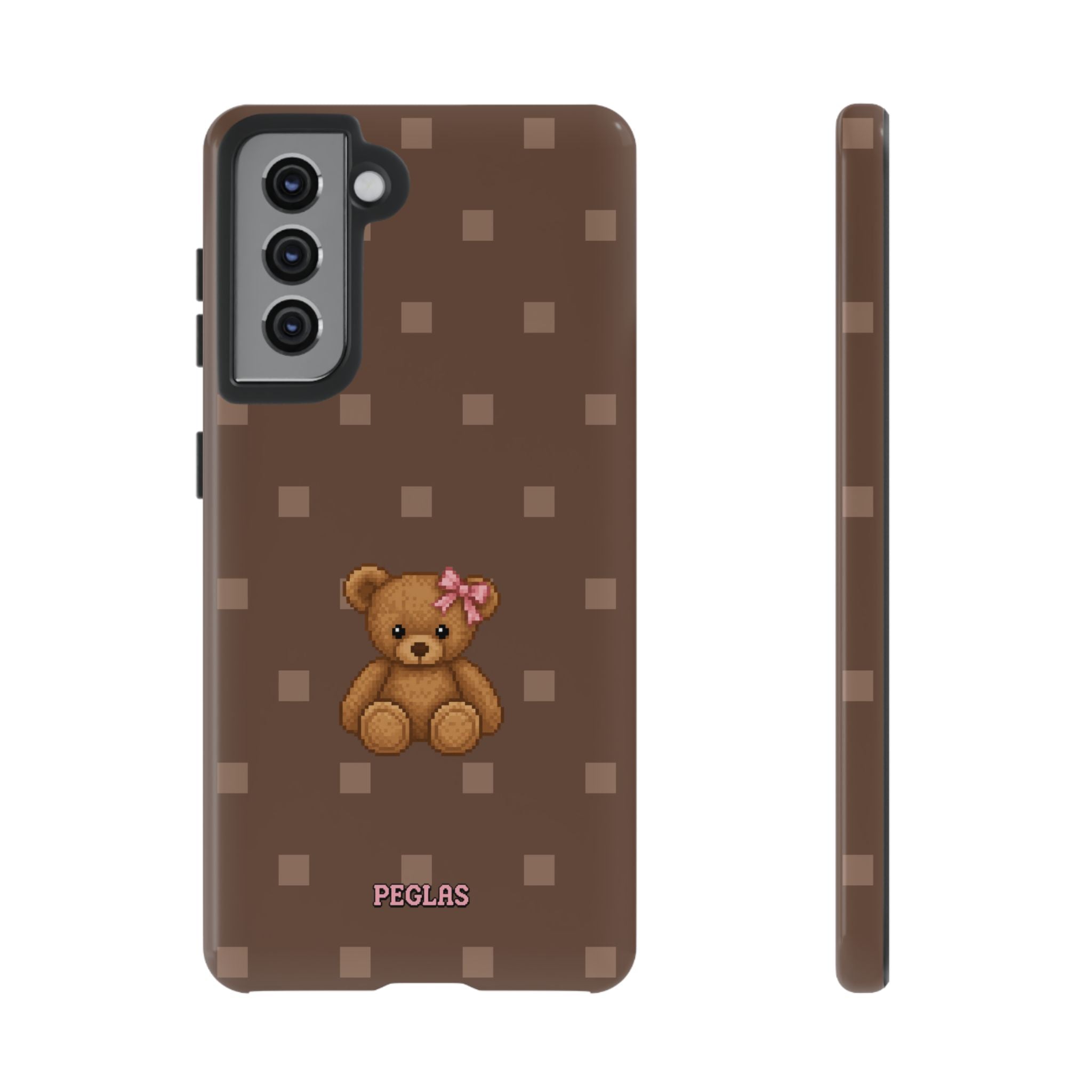 Teddy Bear Tough Phone Case — Cute Brown Polka Dot Protective Cover