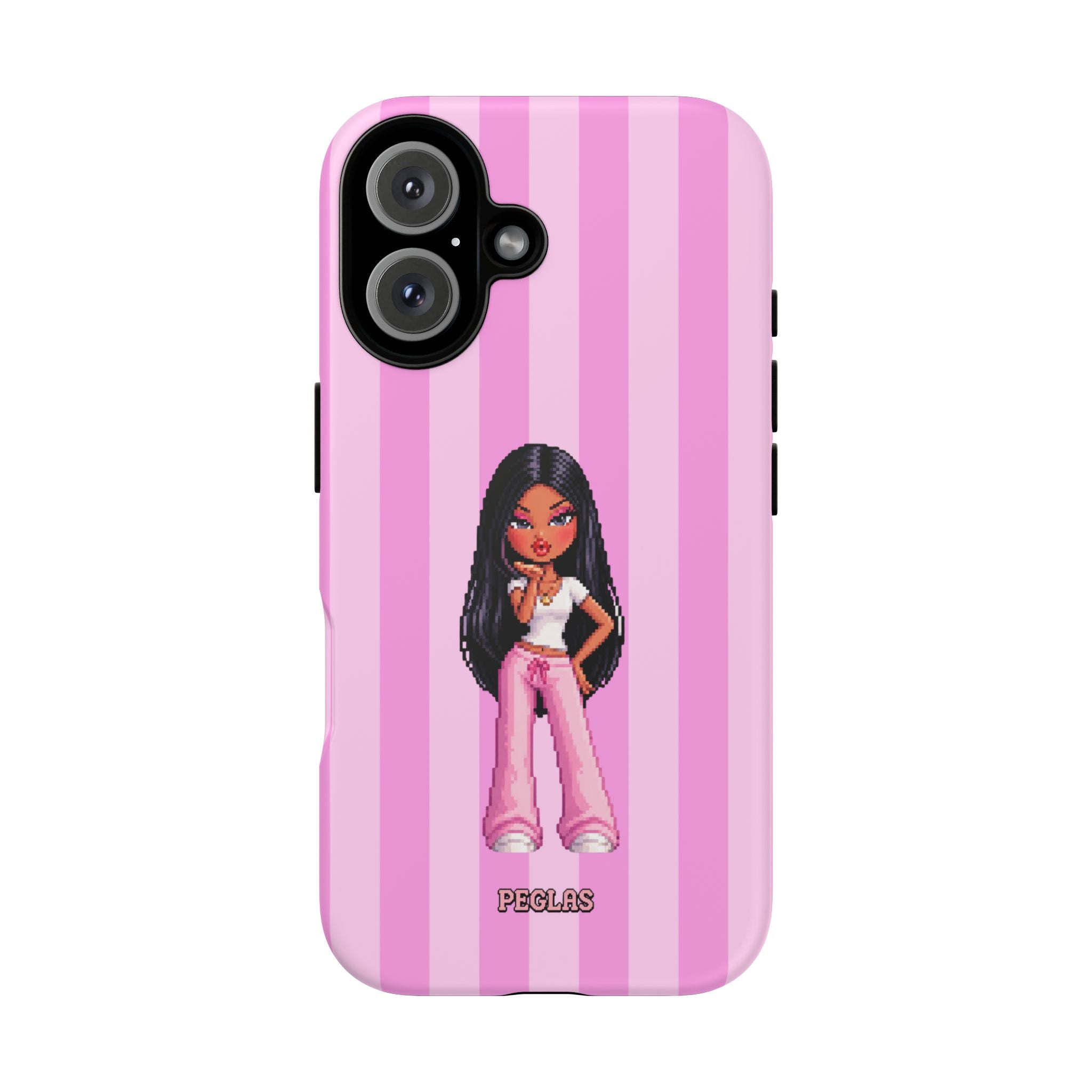 Pink Pixel Art Doll Phone Case — Y2K Baddie Girl Illustration