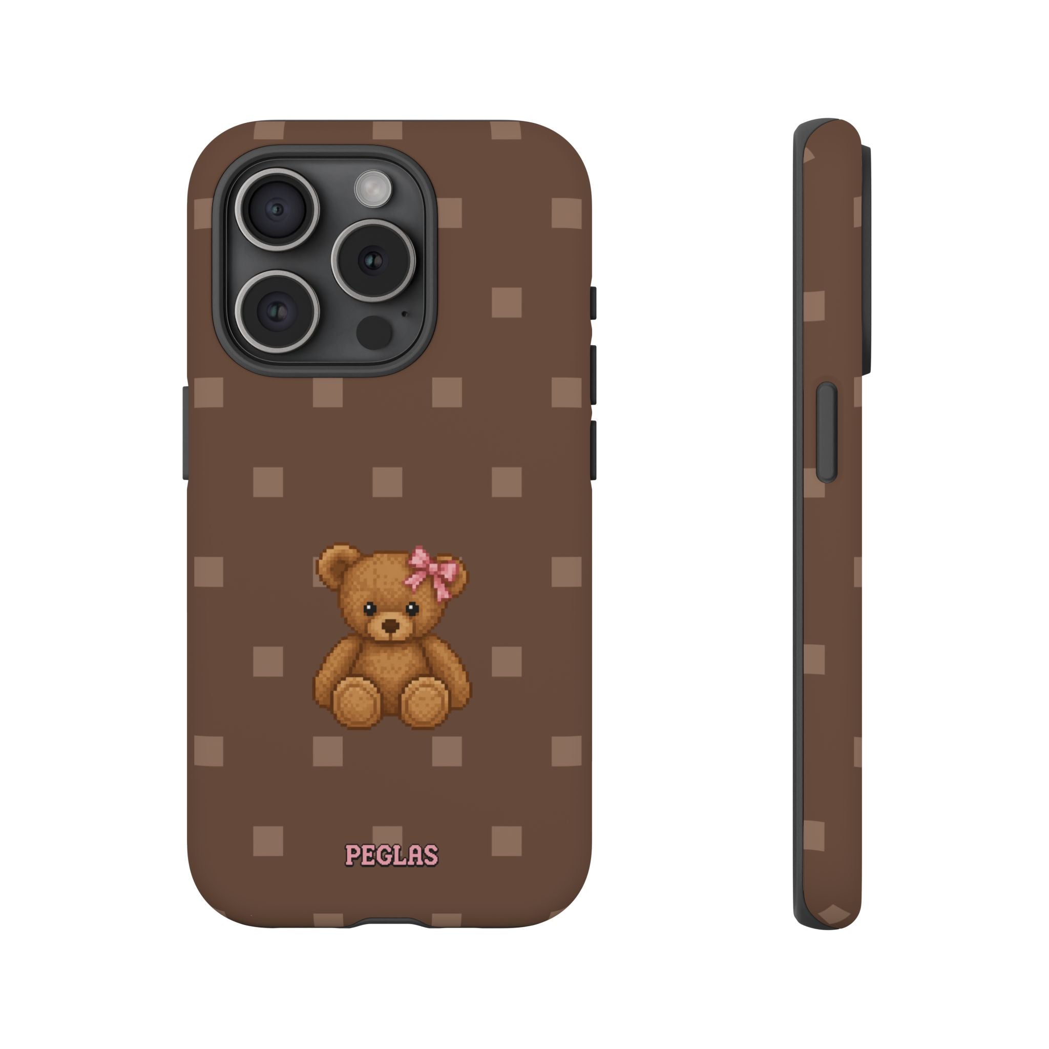 Teddy Bear Tough Phone Case — Cute Brown Polka Dot Protective Cover