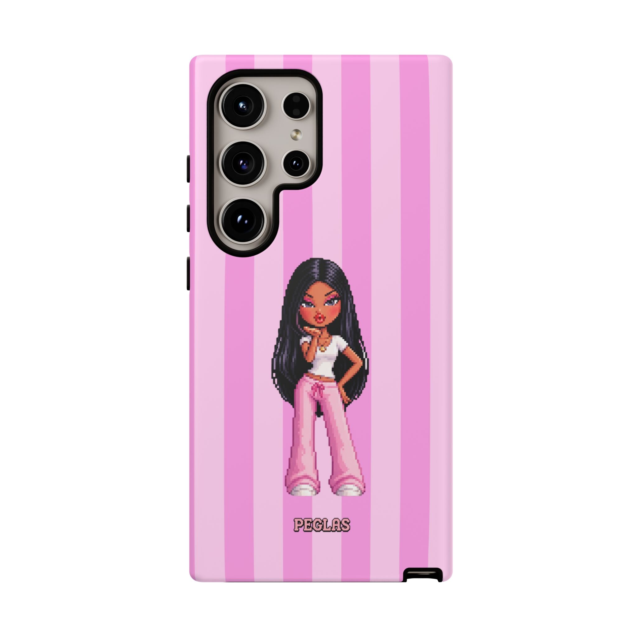 Pink Pixel Art Doll Phone Case — Y2K Baddie Girl Illustration