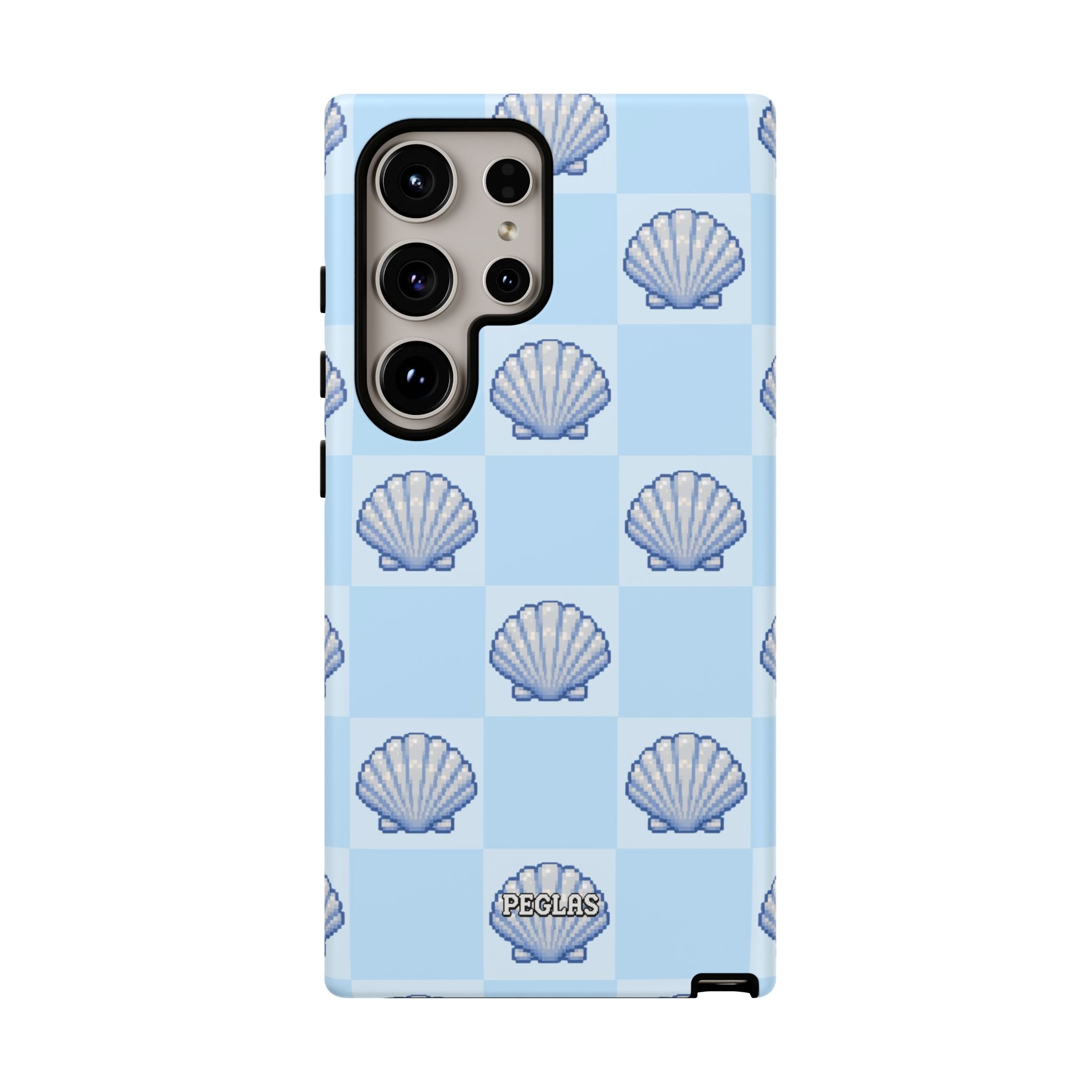 Shell Checkerboard Tough Phone Case — Light Blue Seashell Protective Cover