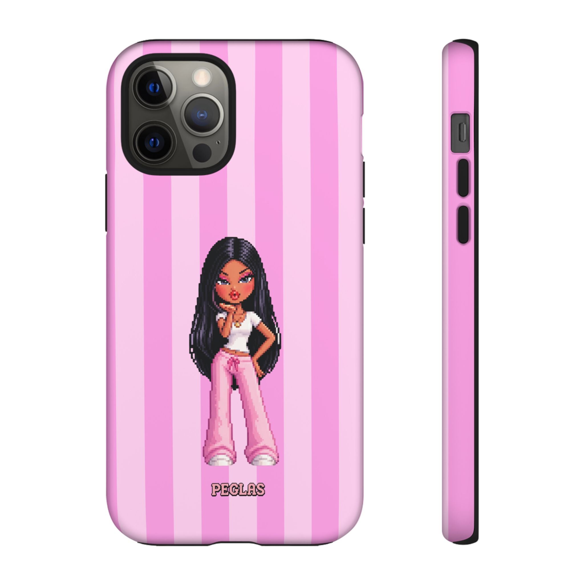 Pink Pixel Art Doll Phone Case — Y2K Baddie Girl Illustration