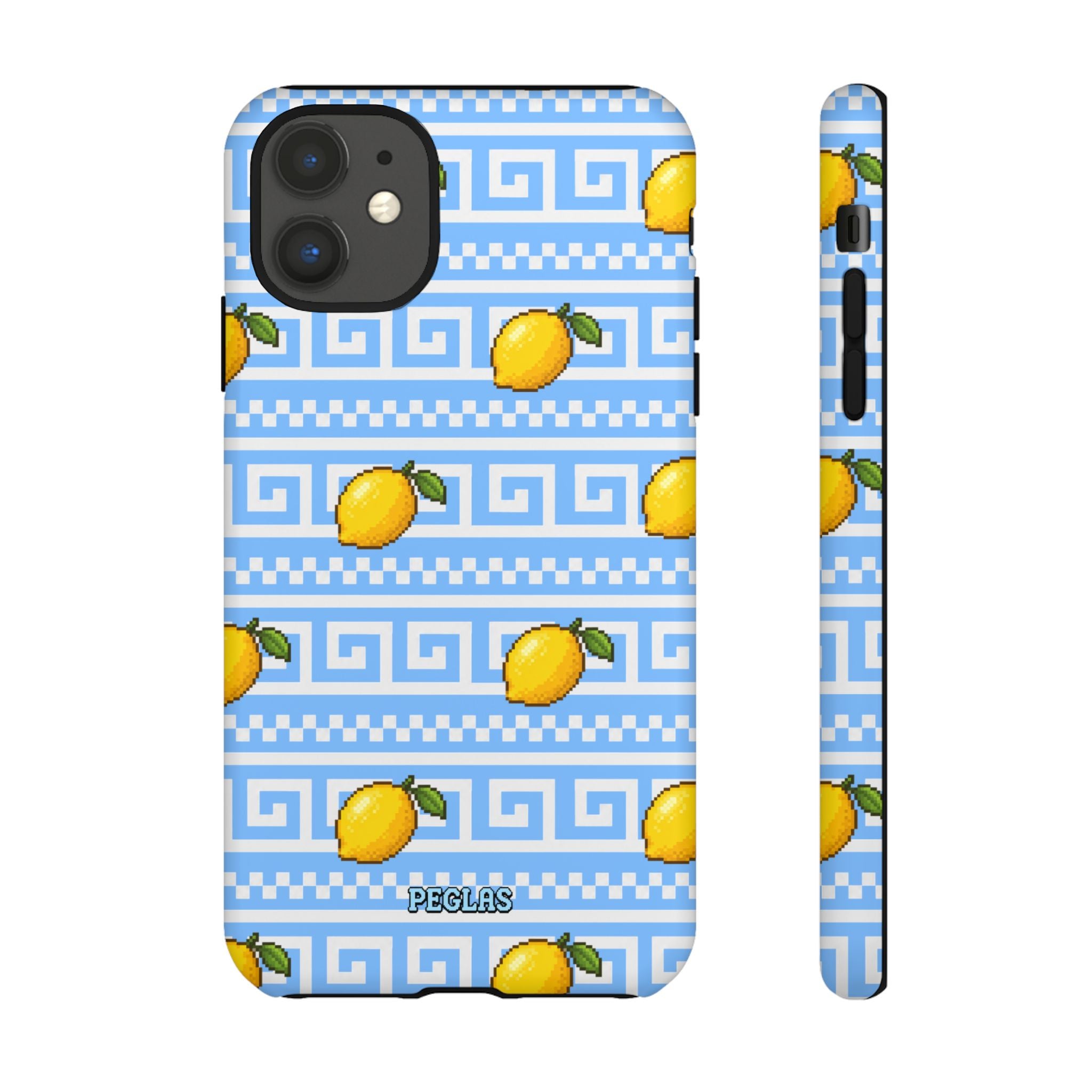 Lemon Greek Key Phone Case — Blue Citrus Pattern Tough Case