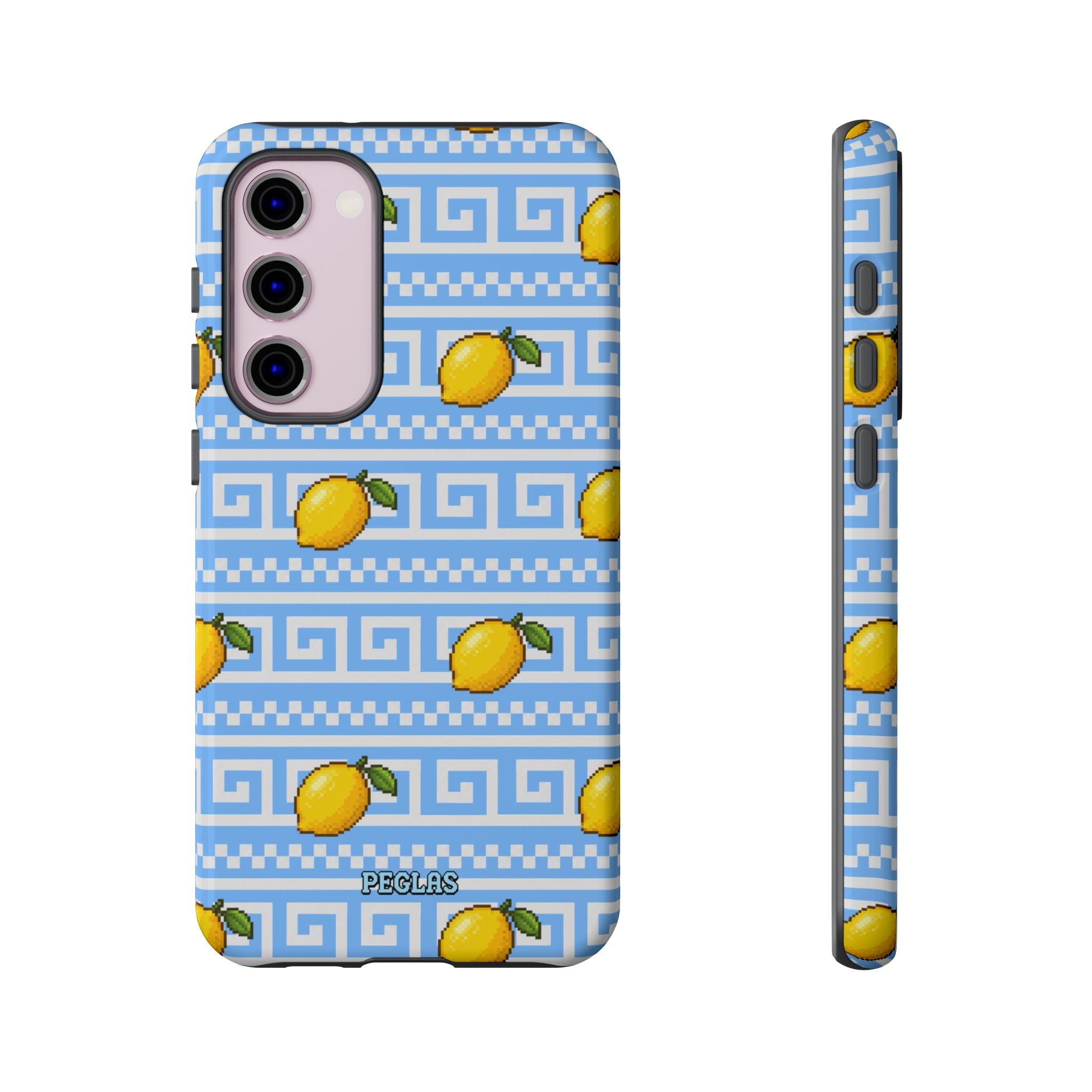 Lemon Greek Key Phone Case — Blue Citrus Pattern Tough Case