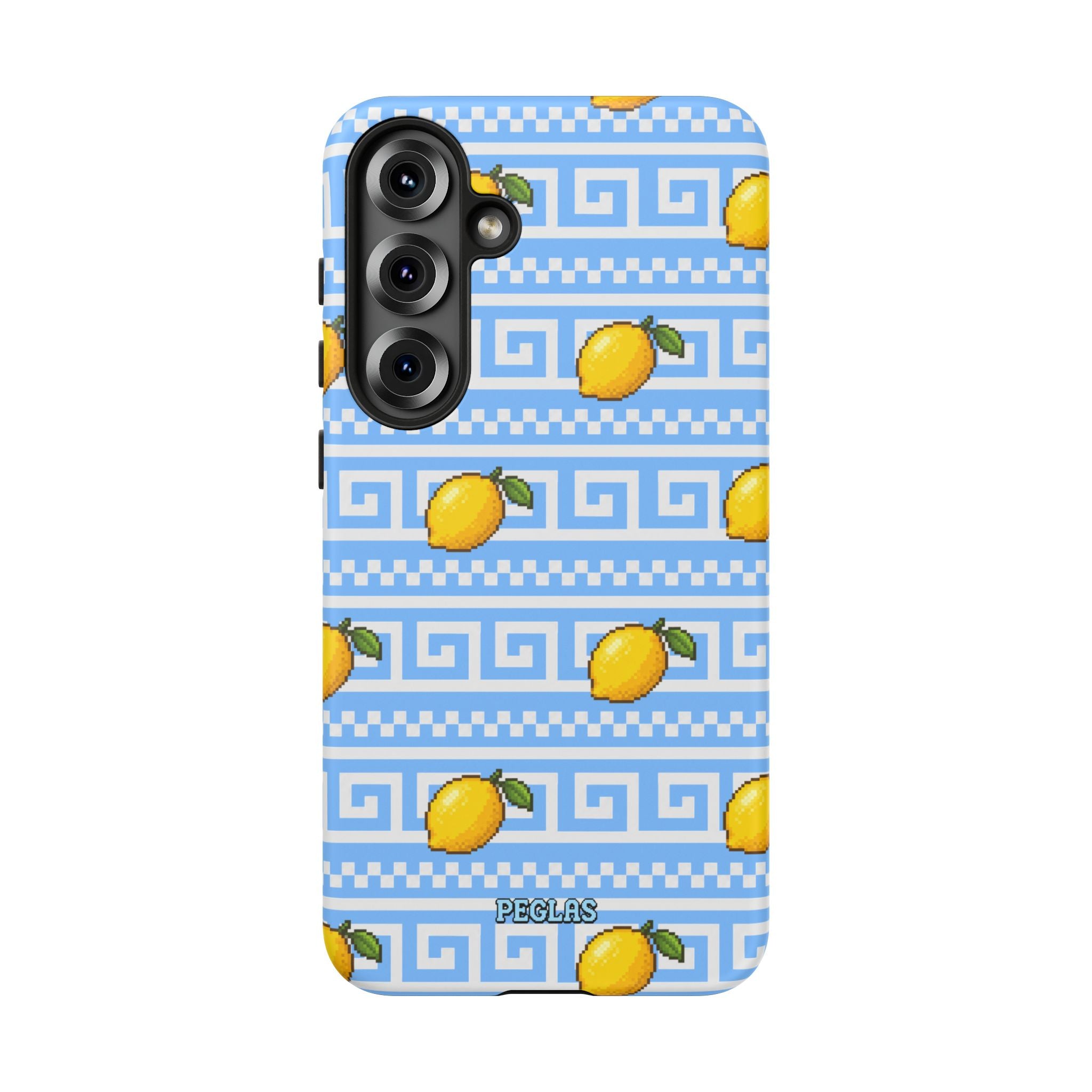 Lemon Greek Key Phone Case — Blue Citrus Pattern Tough Case