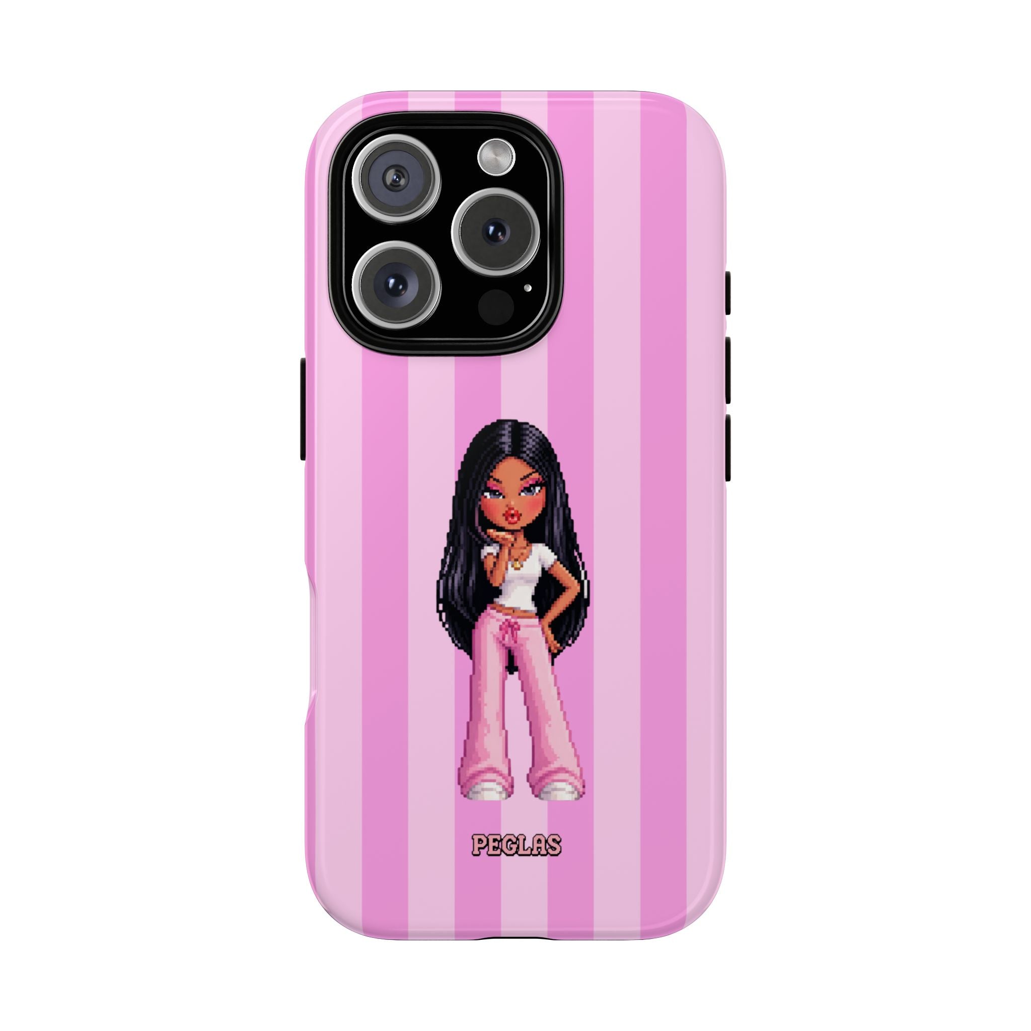 Pink Pixel Art Doll Phone Case — Y2K Baddie Girl Illustration
