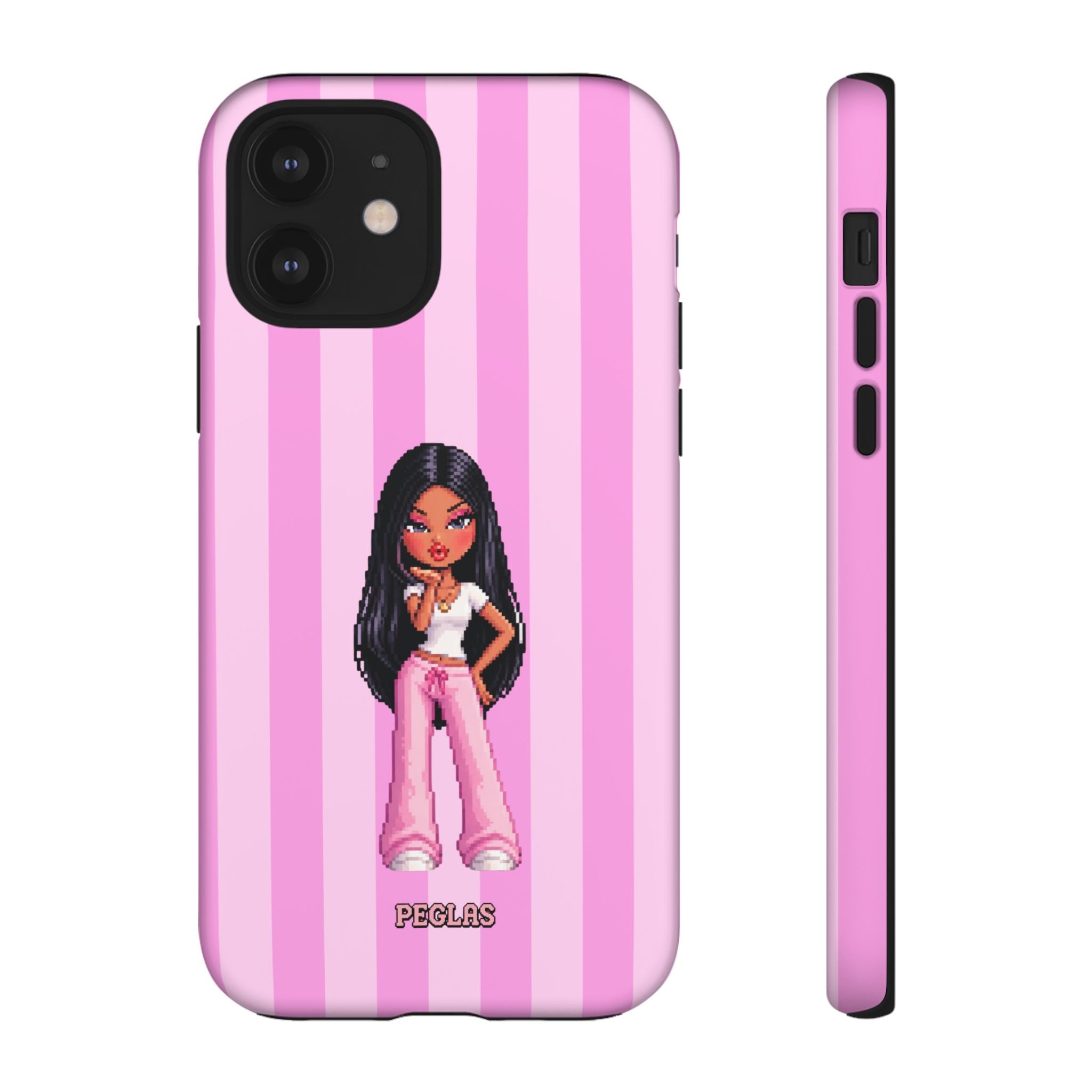 Pink Pixel Art Doll Phone Case — Y2K Baddie Girl Illustration