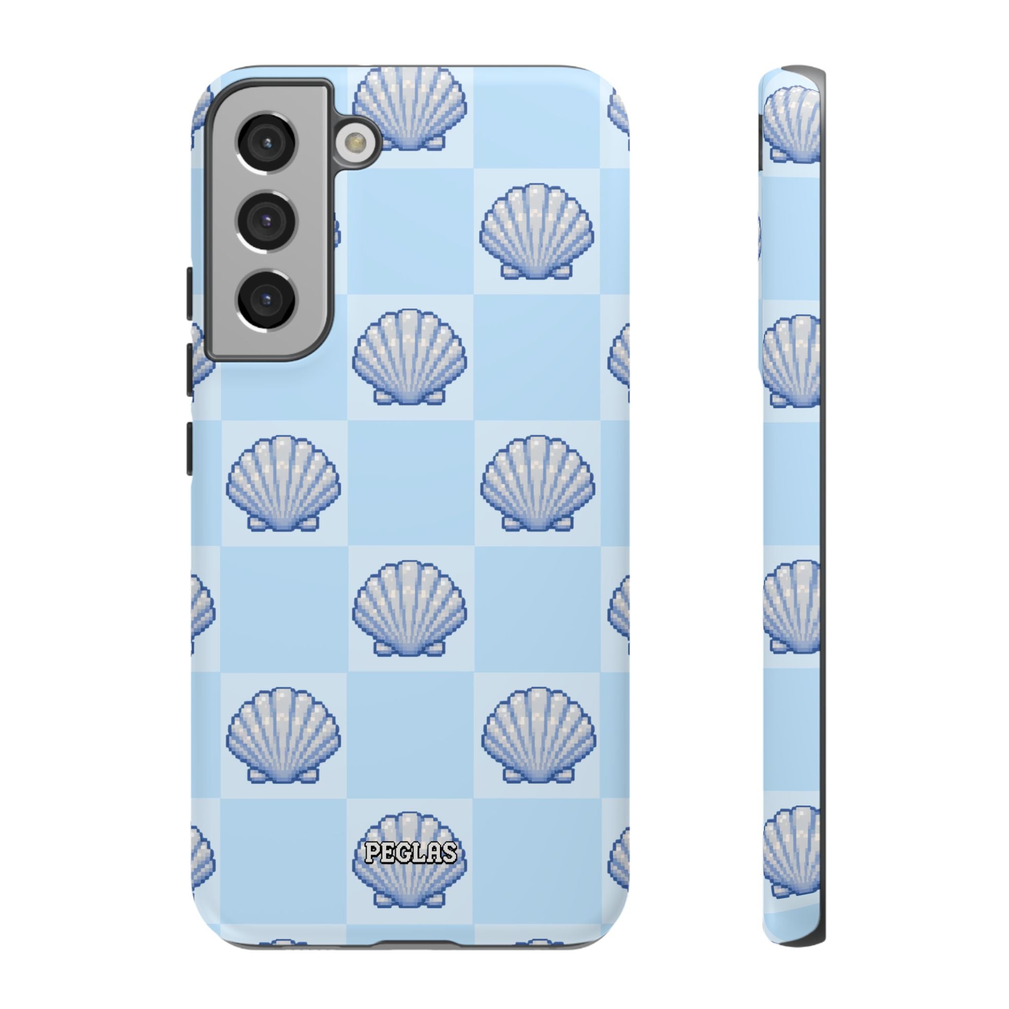Shell Checkerboard Tough Phone Case — Light Blue Seashell Protective Cover