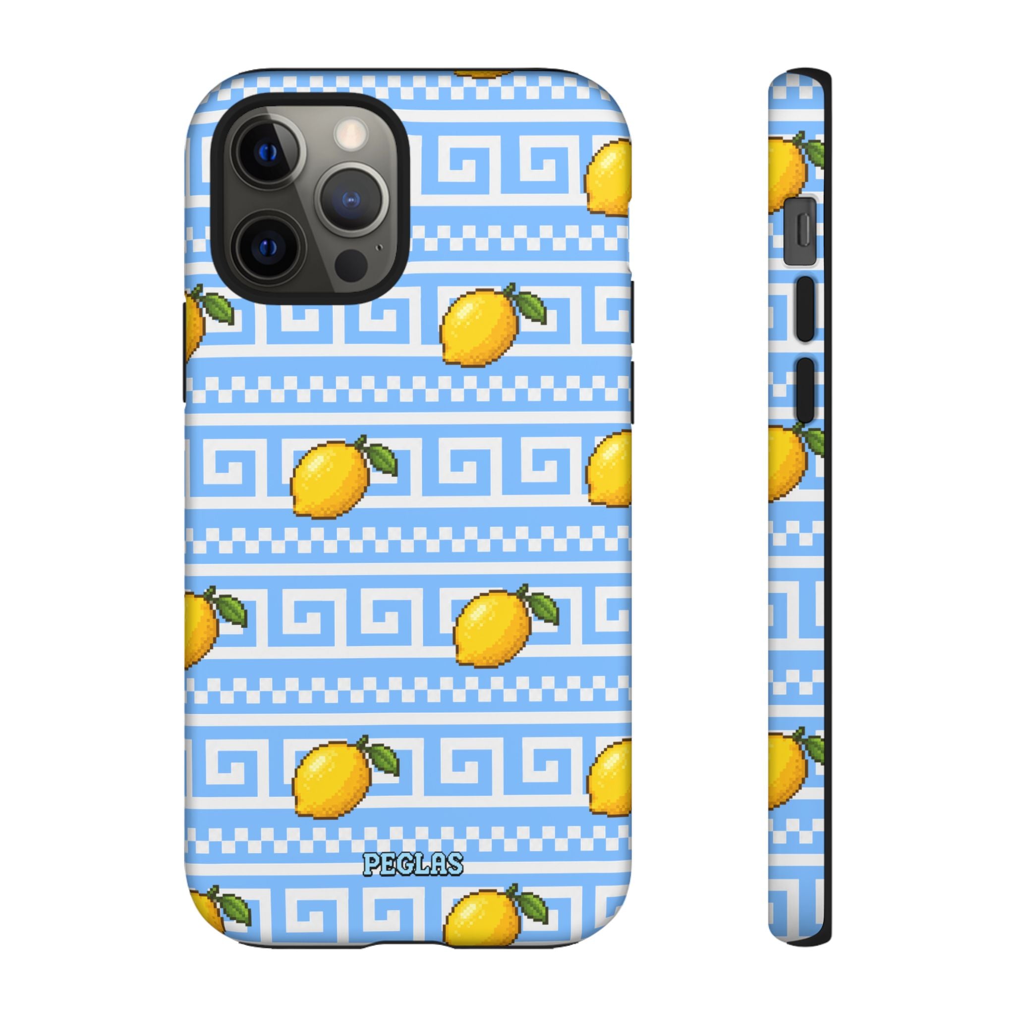 Lemon Greek Key Phone Case — Blue Citrus Pattern Tough Case