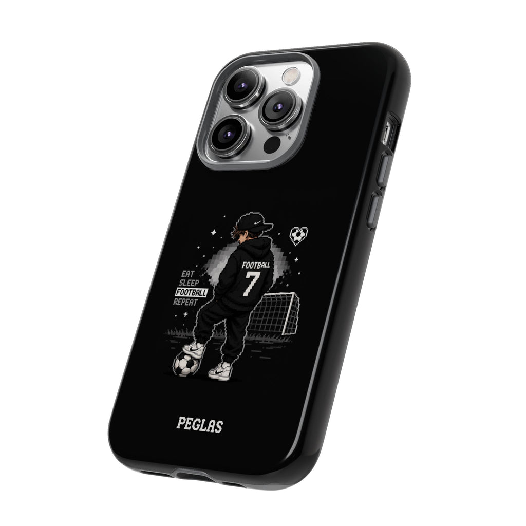 Football Player Phone Case - 'Eat Sleep Football Repeat' Black Tough Case, Soccer Goal Graphic