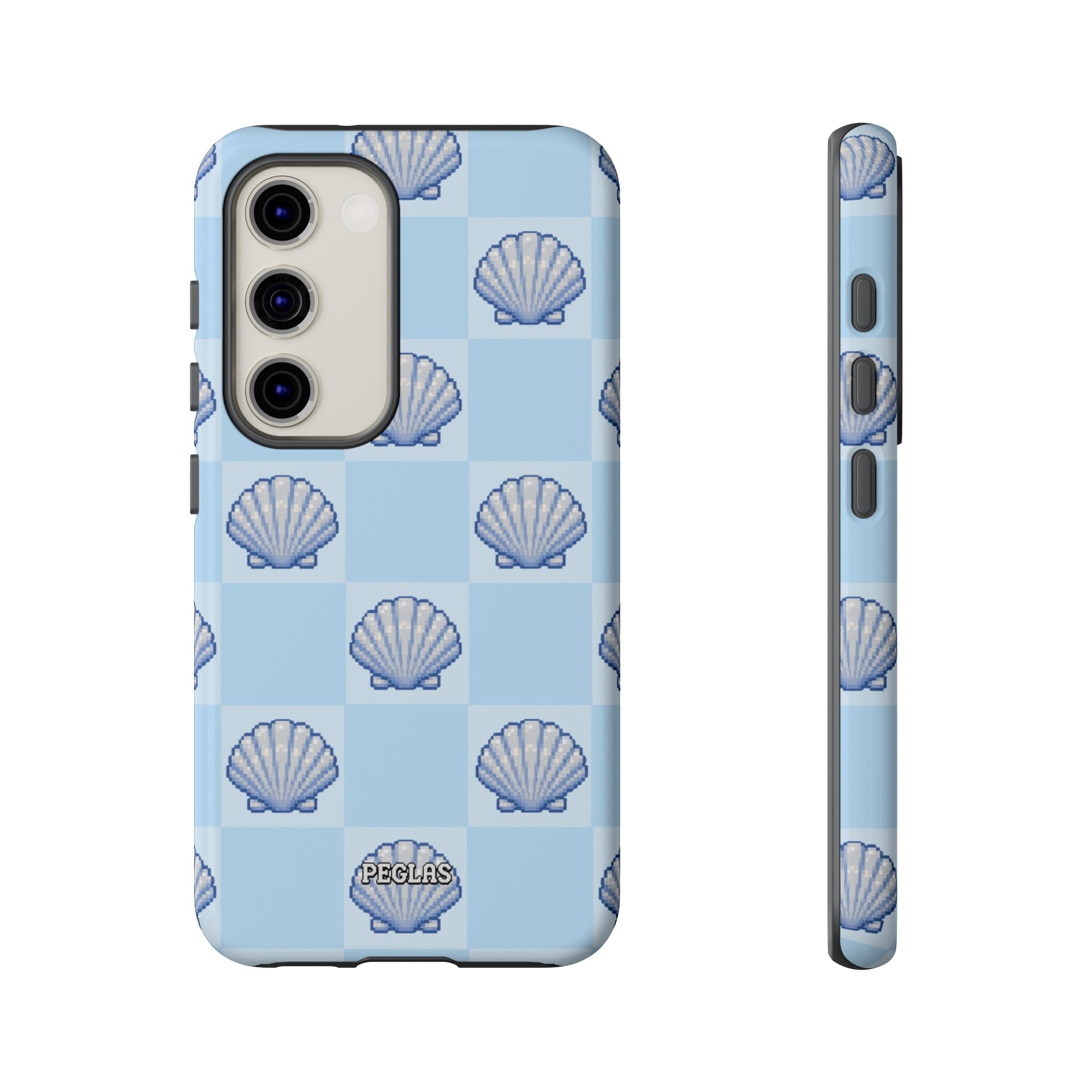 Shell Checkerboard Tough Phone Case — Light Blue Seashell Protective Cover