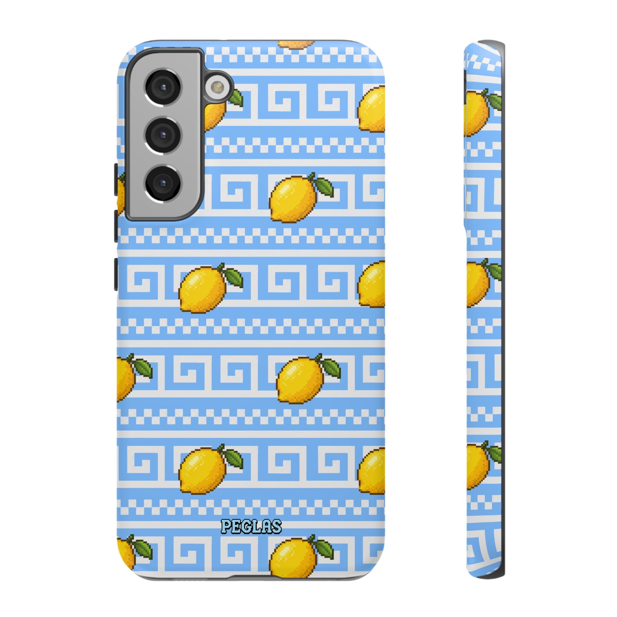 Lemon Greek Key Phone Case — Blue Citrus Pattern Tough Case