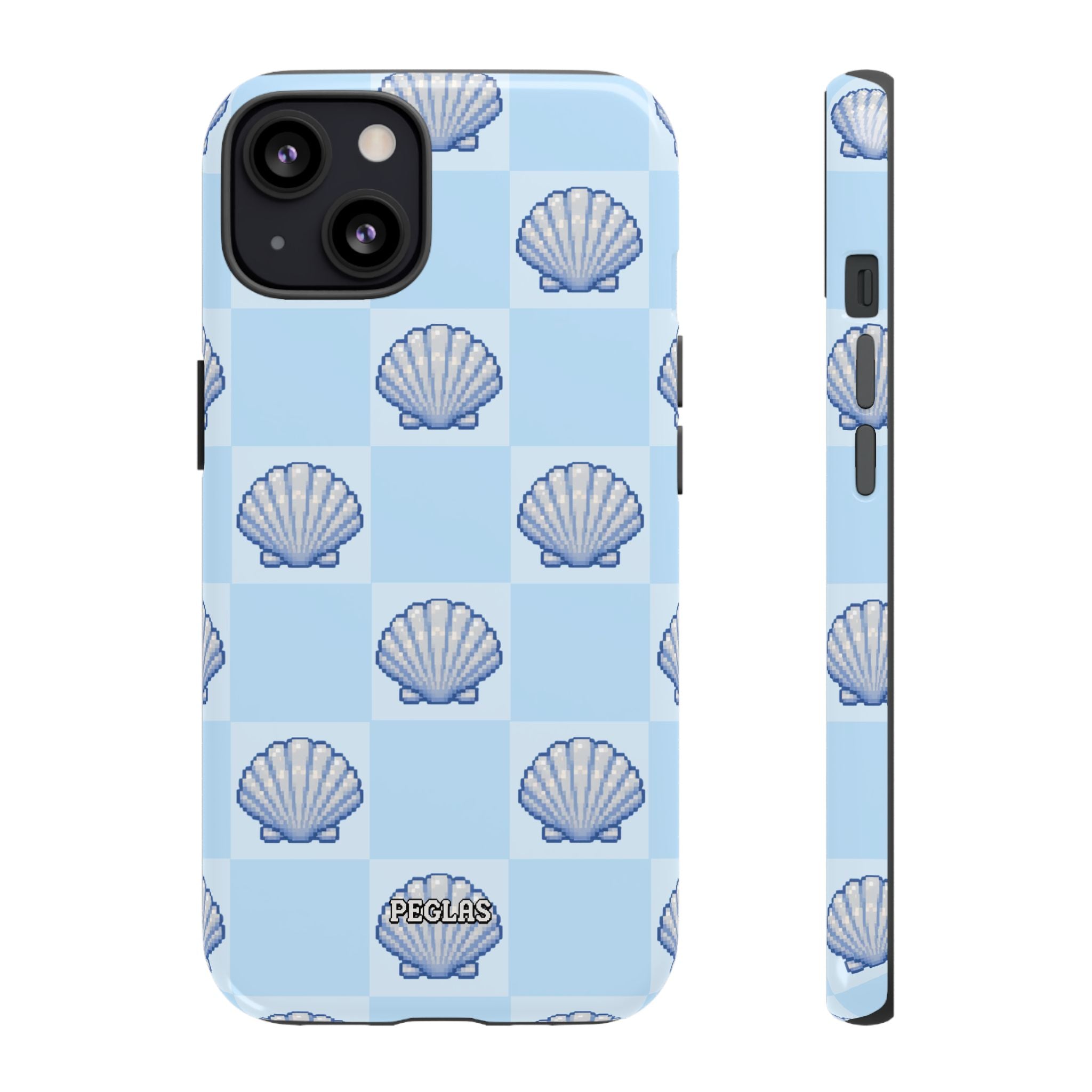 Shell Checkerboard Tough Phone Case — Light Blue Seashell Protective Cover